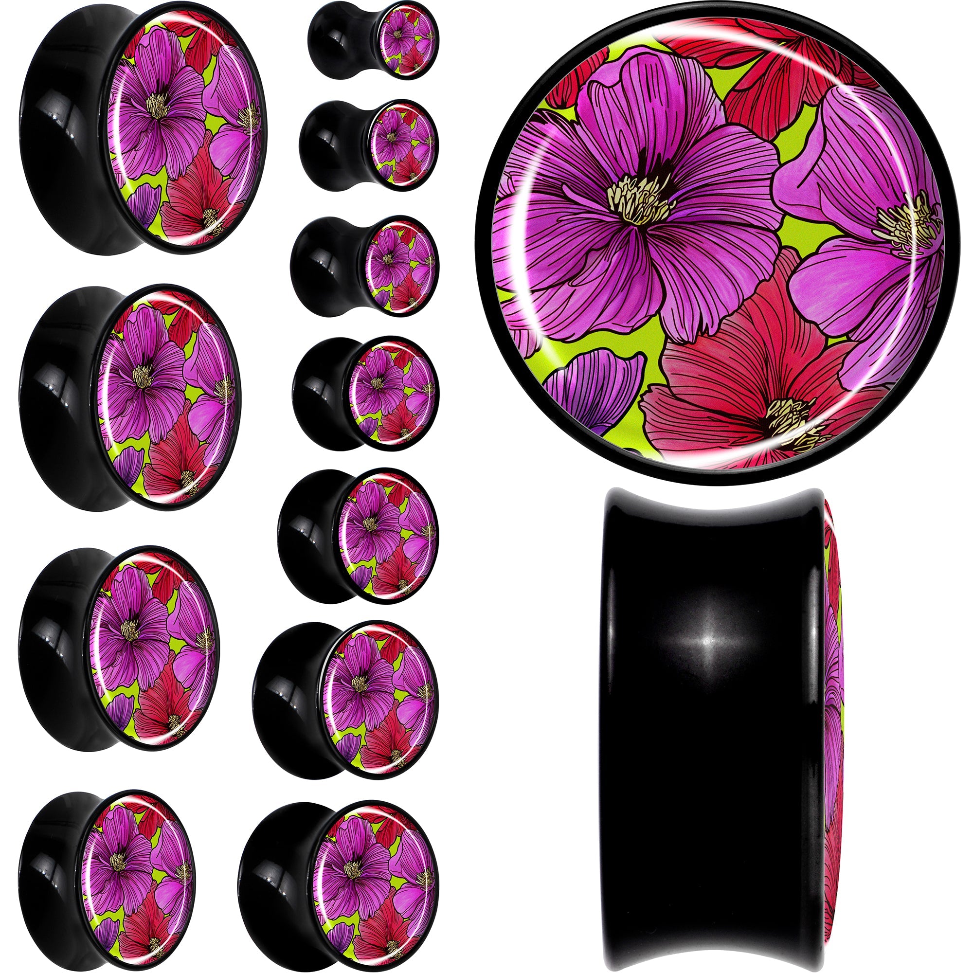 BodyCandy Blossom Creation Tropical Floral Flowers Black Acrylic Saddle Plug Set by Onyx O — main product shot