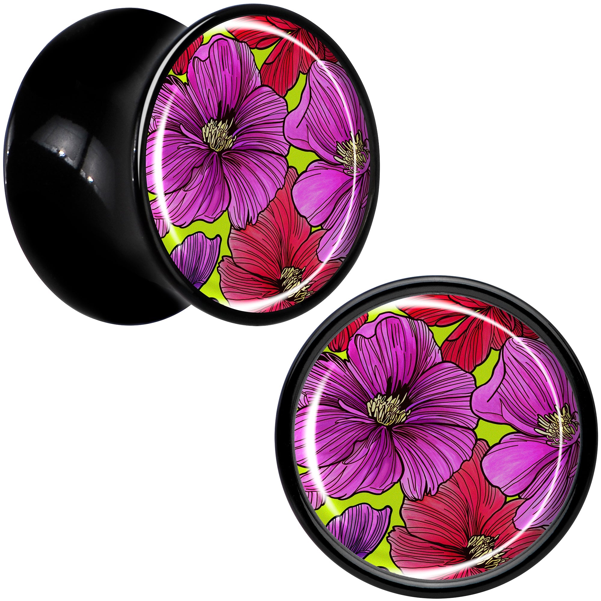 BodyCandy Blossom Creation Tropical Floral Flowers Black Acrylic Saddle Plug Set by Onyx O — detail close-up