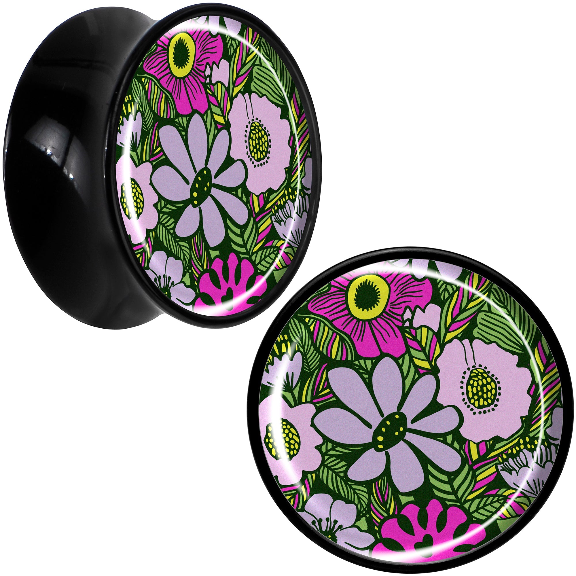 BodyCandy Blossom Creation Paradise of Pink Flowers Black Acrylic Saddle Plug Set by Onyx O — comparison shot