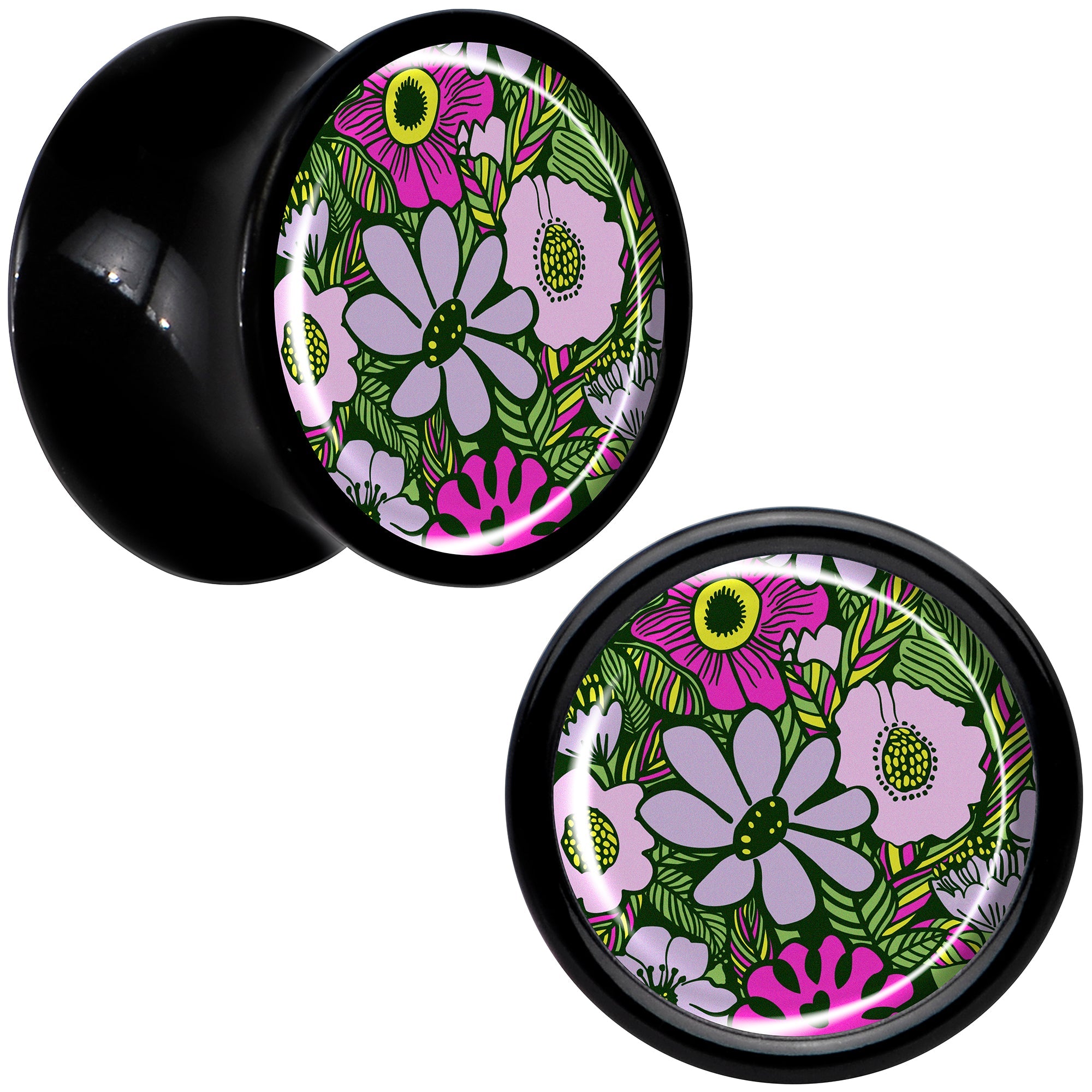 BodyCandy Blossom Creation Paradise of Pink Flowers Black Acrylic Saddle Plug Set by Onyx O — feature highlight
