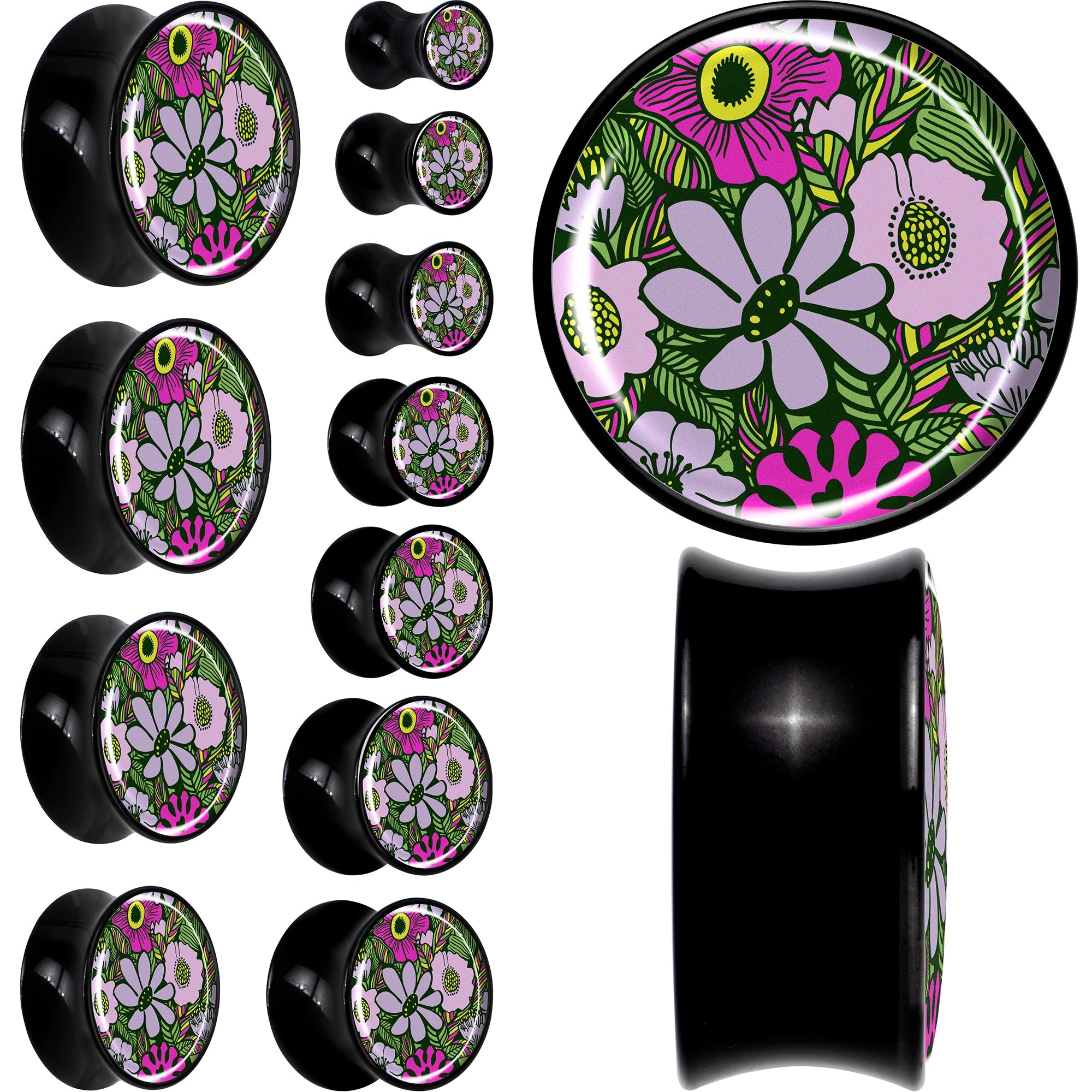 BodyCandy Blossom Creation Paradise of Pink Flowers Black Acrylic Saddle Plug Set by Onyx O — main product shot
