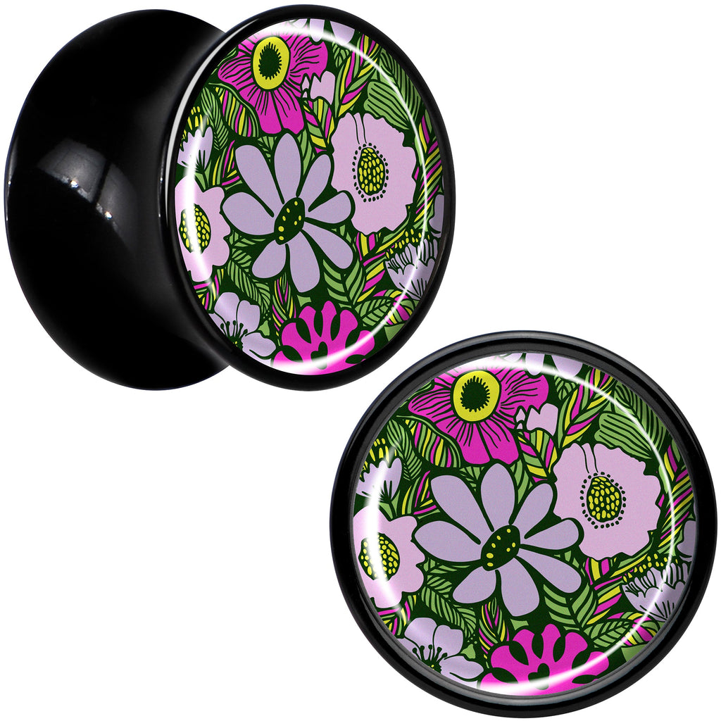 BodyCandy Blossom Creation Paradise of Pink Flowers Black Acrylic Saddle Plug Set by Onyx O — detail close-up