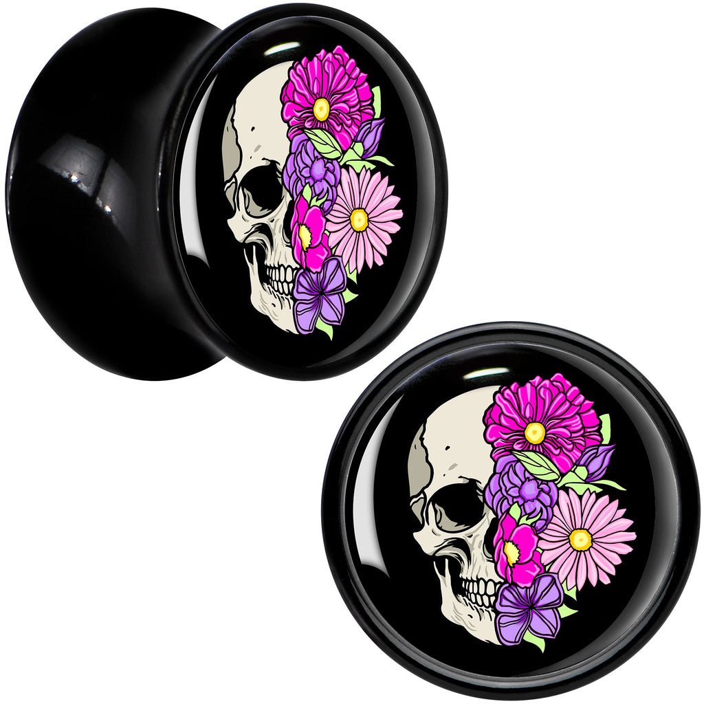 BodyCandy Floral Flowers Skull Black Acrylic Saddle Plug Set 8mm to 20mm by Onyx O — color detail