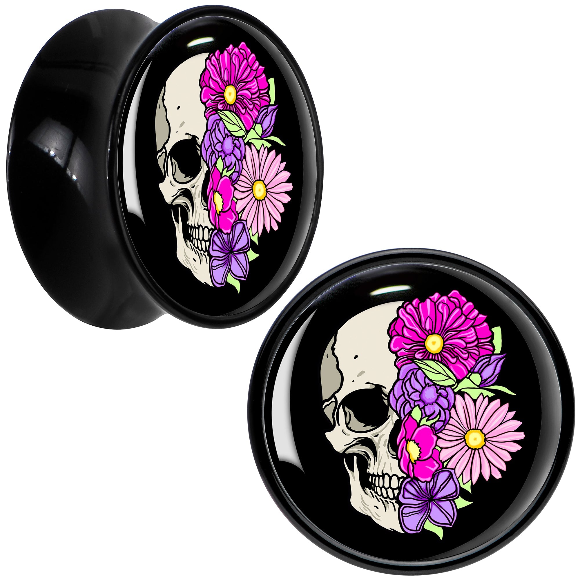 BodyCandy Floral Flowers Skull Black Acrylic Saddle Plug Set 8mm to 20mm by Onyx O — comparison shot