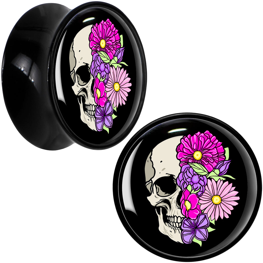 BodyCandy Floral Flowers Skull Black Acrylic Saddle Plug Set 8mm to 20mm by Onyx O — fabric or material detail