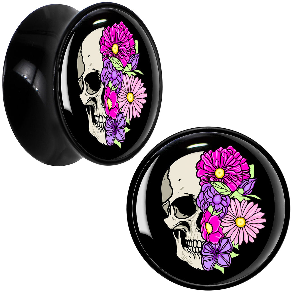 BodyCandy Floral Flowers Skull Black Acrylic Saddle Plug Set 8mm to 20mm by Onyx O — feature highlight