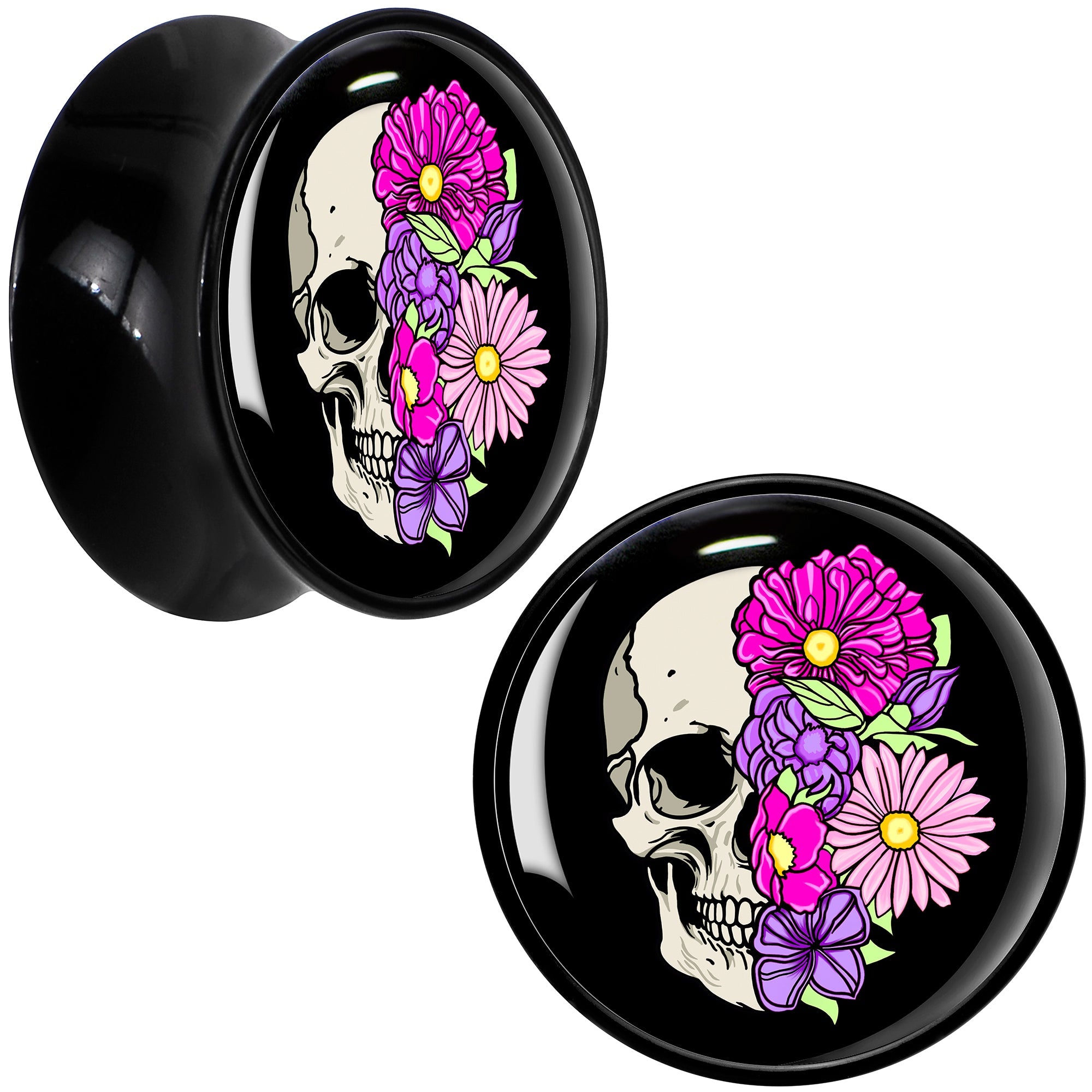 BodyCandy Floral Flowers Skull Black Acrylic Saddle Plug Set 8mm to 20mm by Onyx O — feature highlight