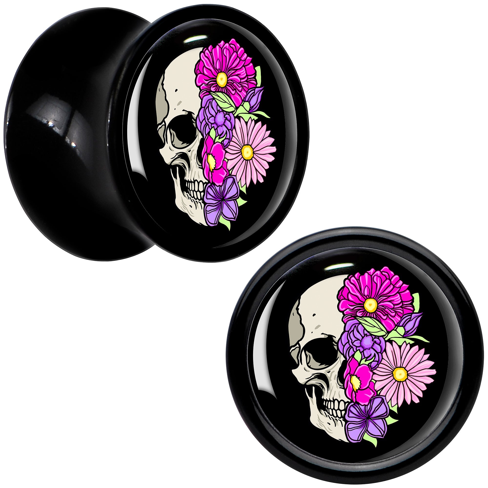 BodyCandy Floral Flowers Skull Black Acrylic Saddle Plug Set 8mm to 20mm by Onyx O — alternative angle