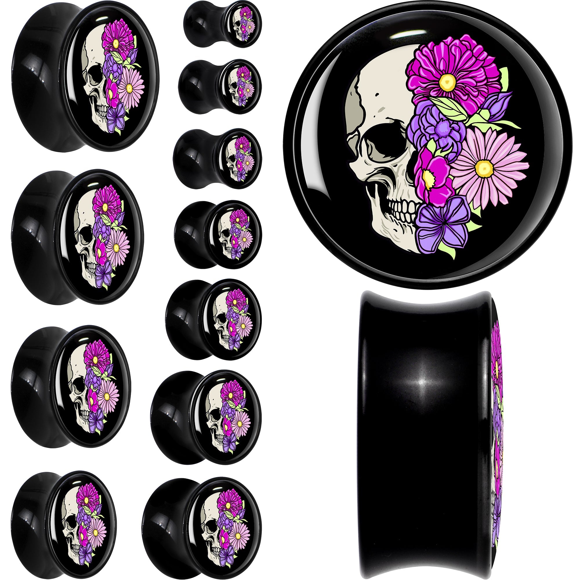 BodyCandy Floral Flowers Skull Black Acrylic Saddle Plug Set 8mm to 20mm by Onyx O — main product shot