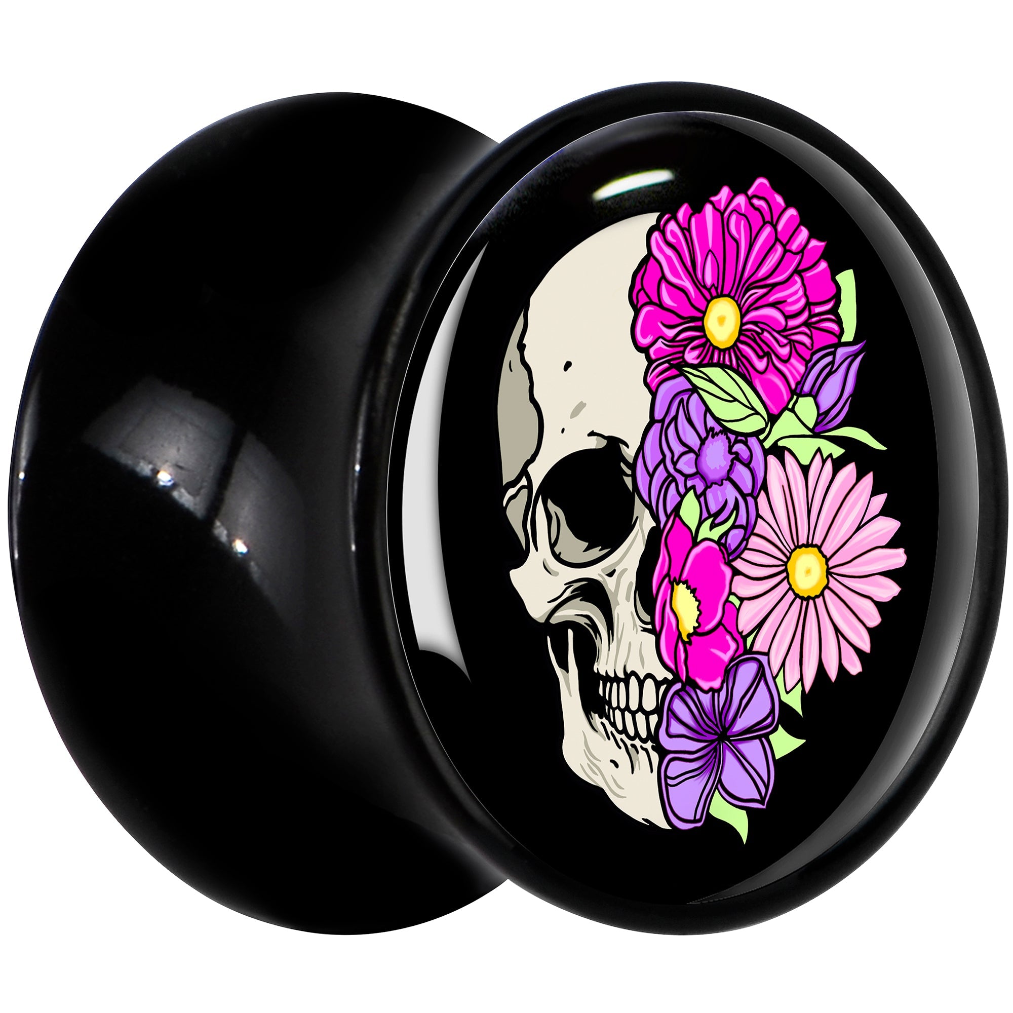 BodyCandy Floral Flowers Skull Black Acrylic Saddle Plug Set 8mm to 20mm by Onyx O — lifestyle context
