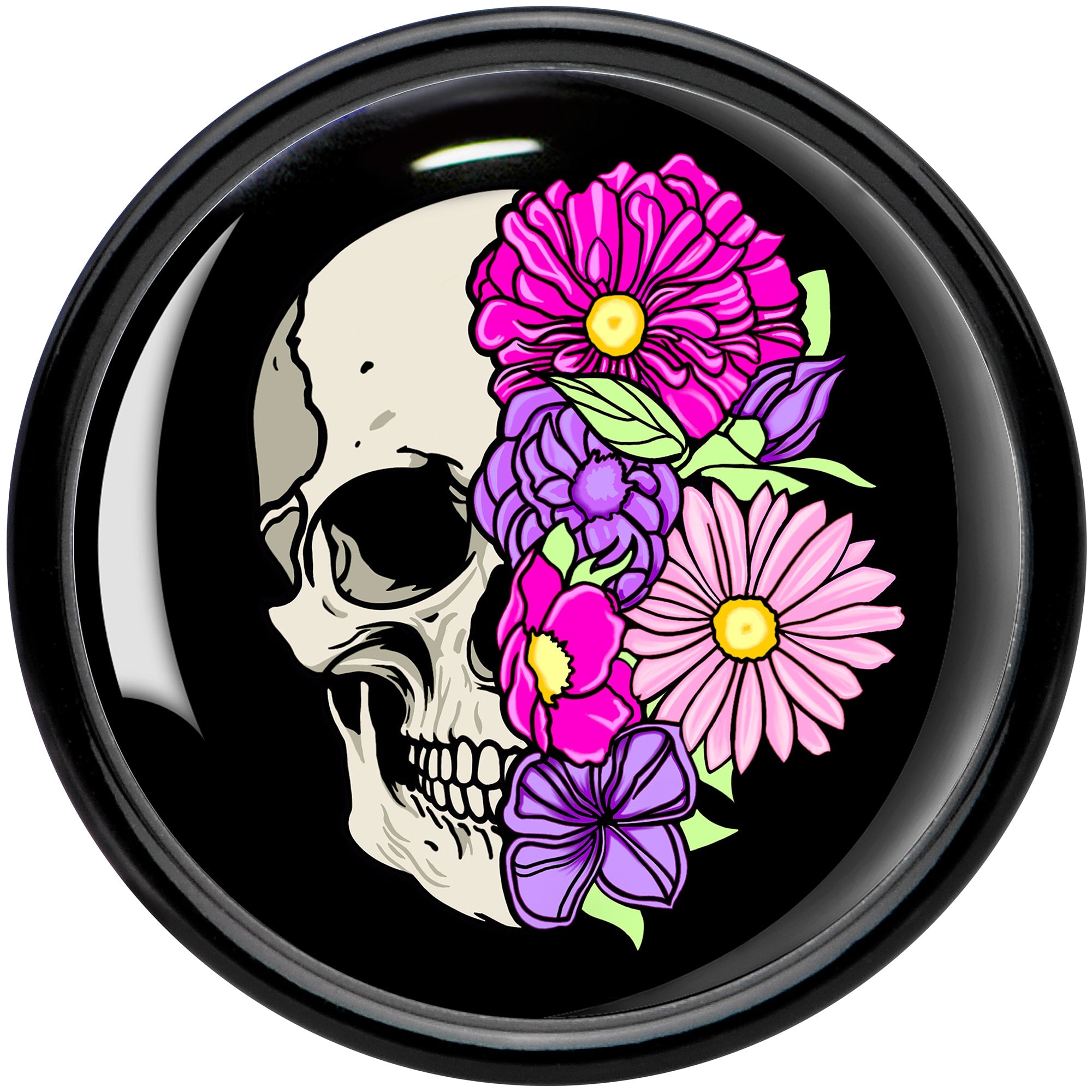 BodyCandy Floral Flowers Skull Black Acrylic Saddle Plug Set 8mm to 20mm by Onyx O — side view