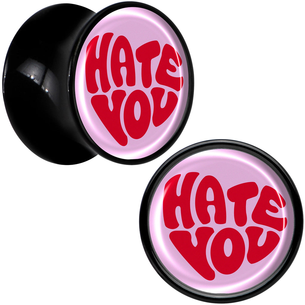 BodyCandy Retro Text Hate You Black Acrylic Saddle Plug Set by Onyx O — size reference