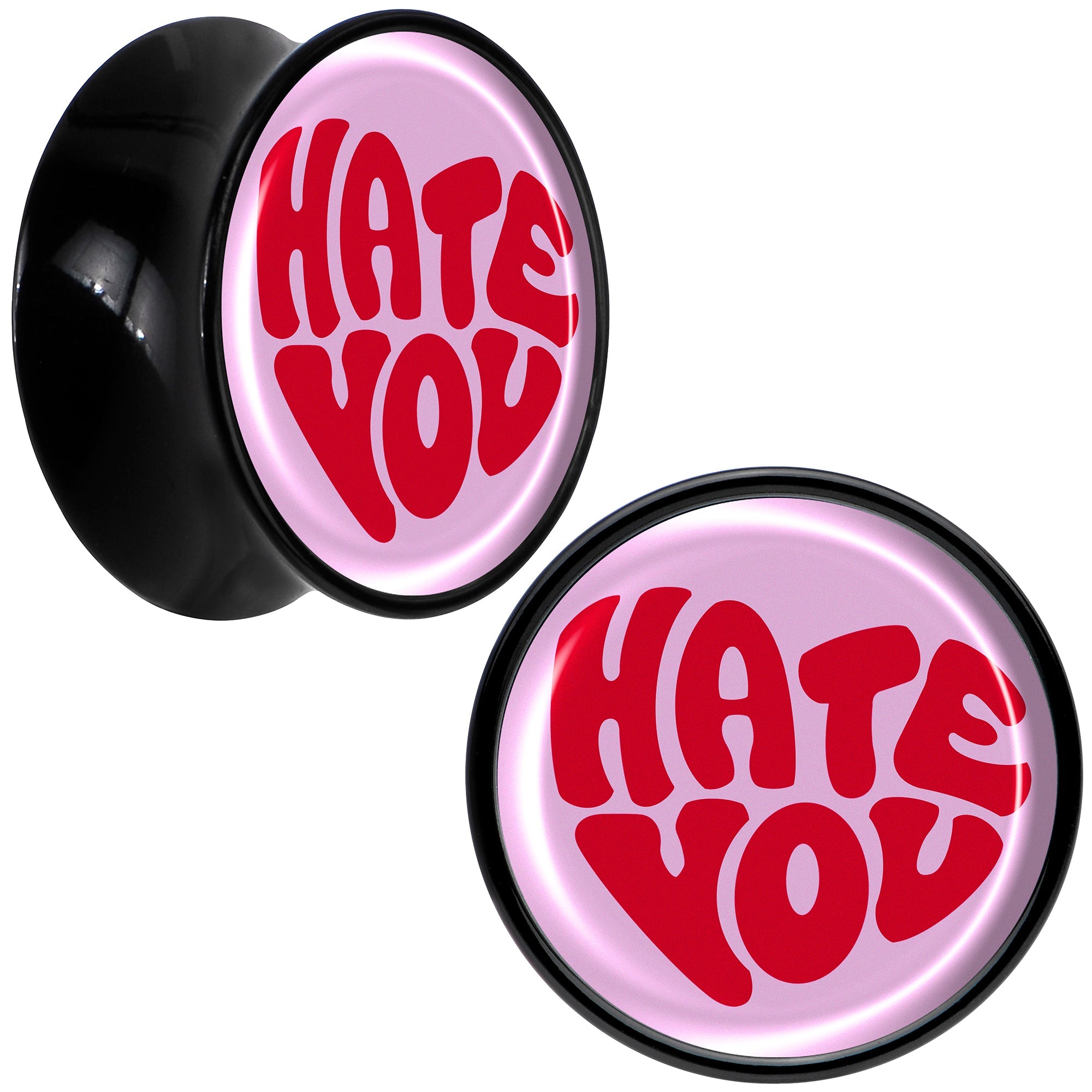 BodyCandy Retro Text Hate You Black Acrylic Saddle Plug Set by Onyx O — packaging