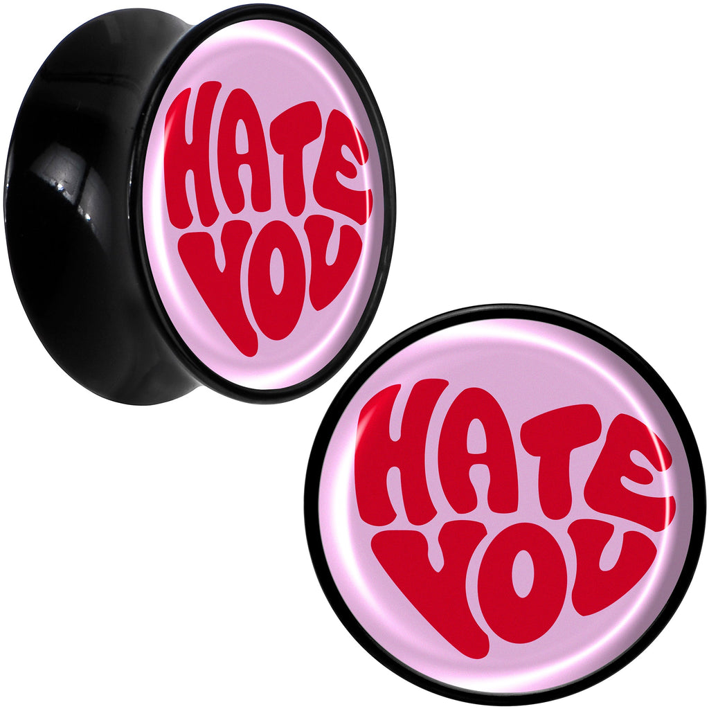 BodyCandy Retro Text Hate You Black Acrylic Saddle Plug Set by Onyx O — comparison shot