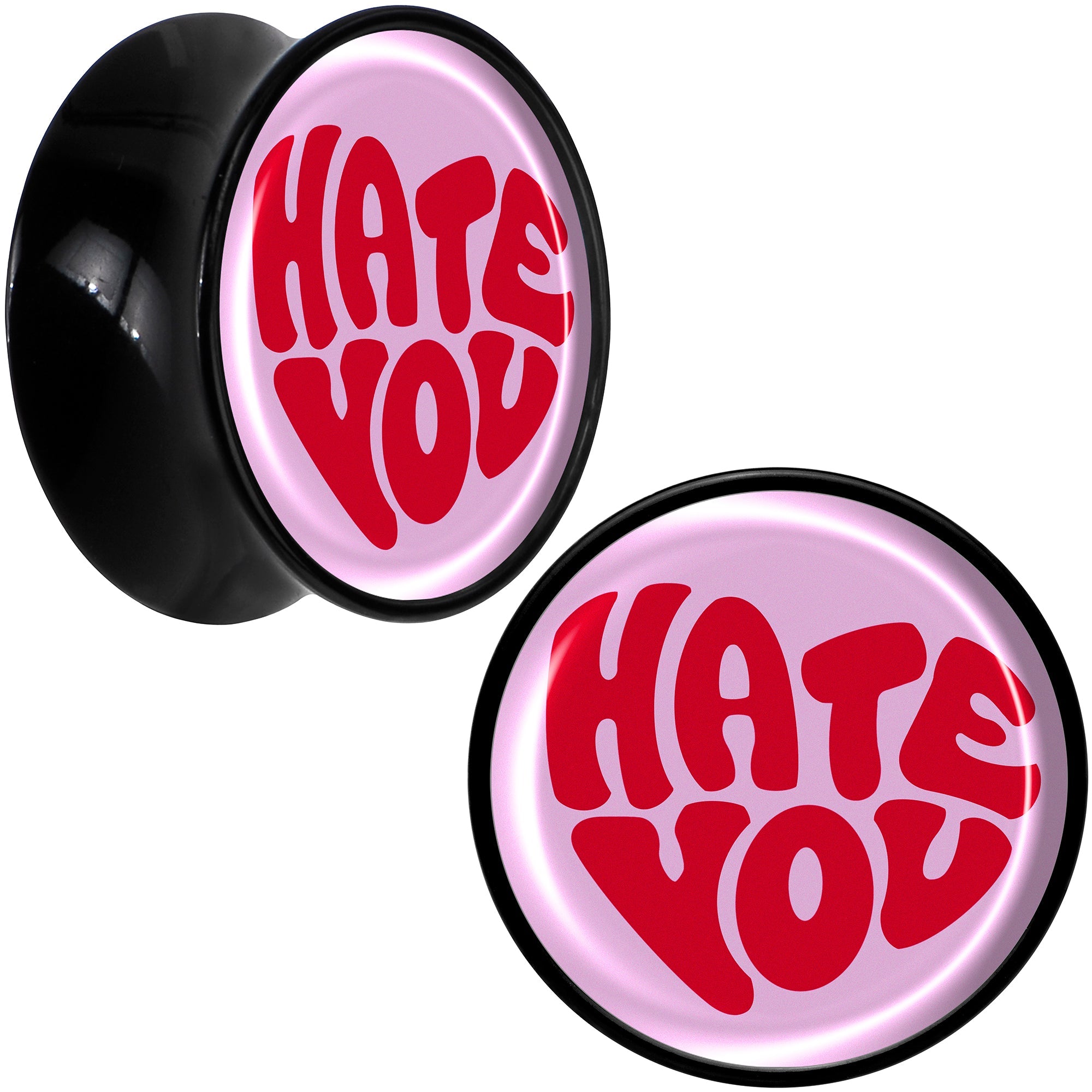 BodyCandy Retro Text Hate You Black Acrylic Saddle Plug Set by Onyx O — comparison shot