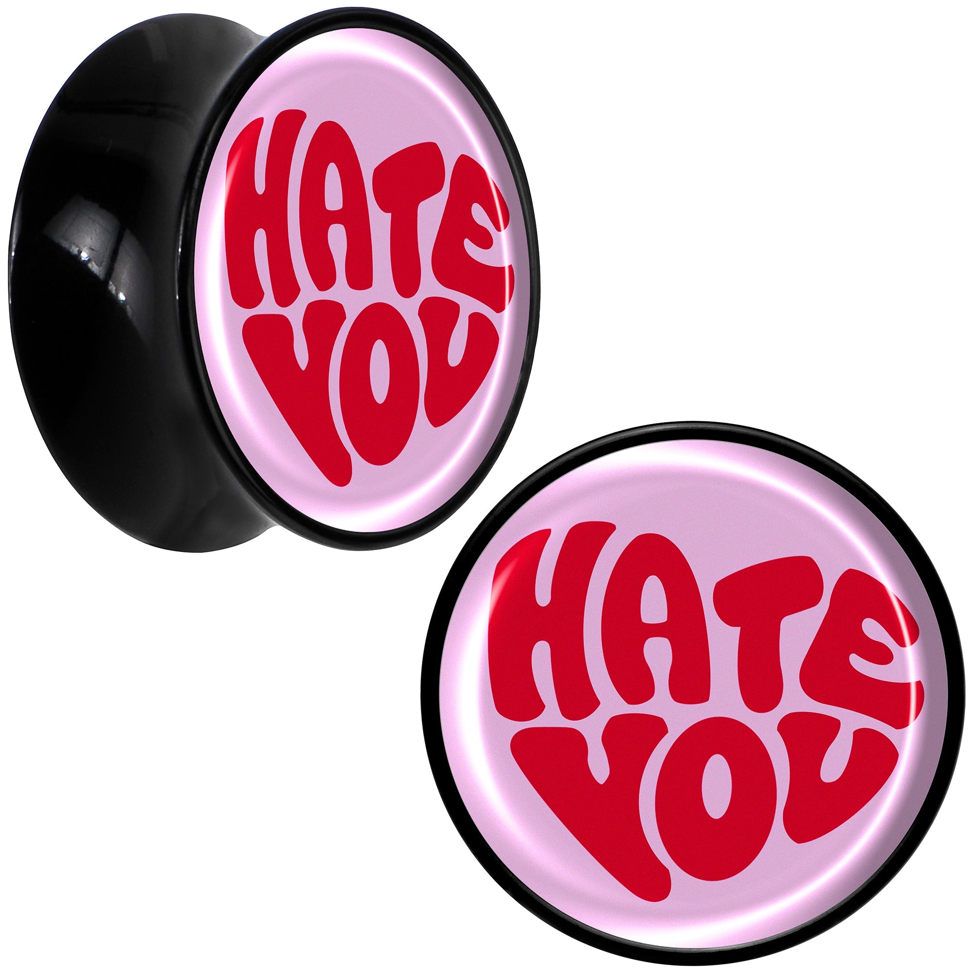 BodyCandy Retro Text Hate You Black Acrylic Saddle Plug Set by Onyx O — fabric or material detail