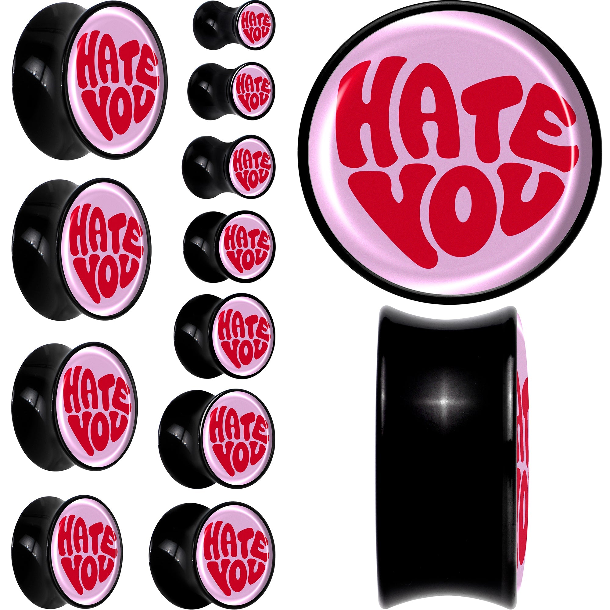 BodyCandy Retro Text Hate You Black Acrylic Saddle Plug Set by Onyx O — main product shot