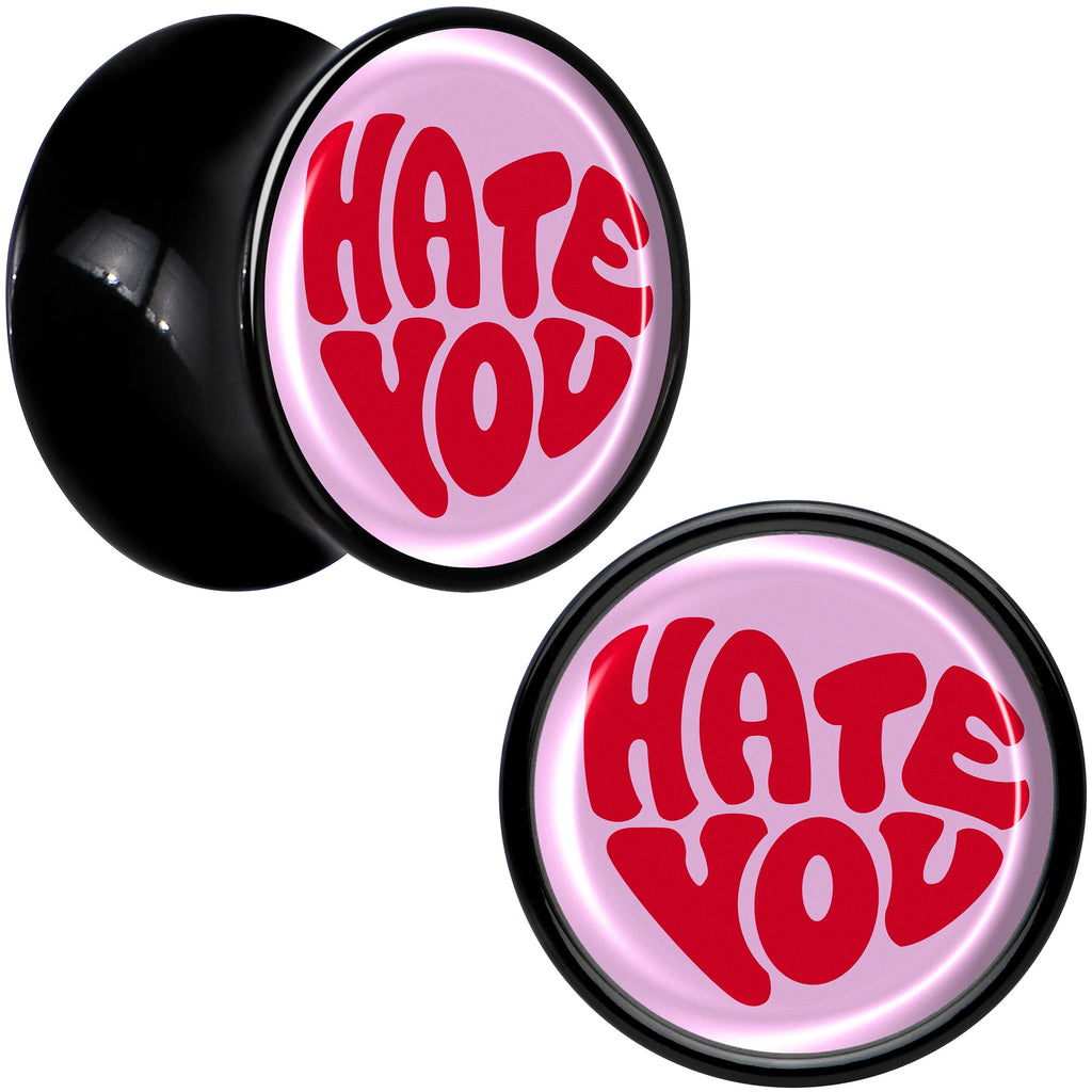 BodyCandy Retro Text Hate You Black Acrylic Saddle Plug Set by Onyx O — detail close-up