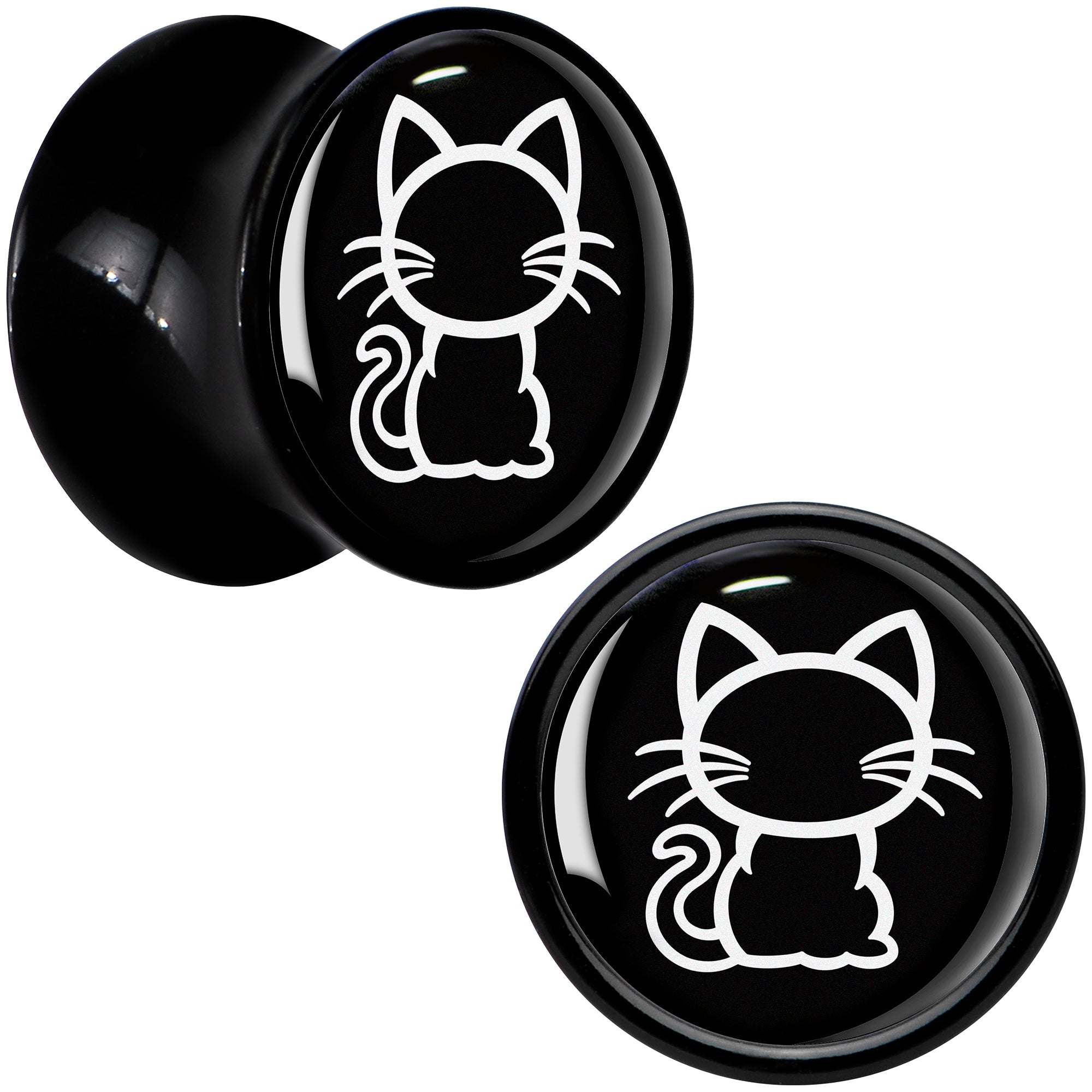 BodyCandy Black and White Kitty Cat Black Acrylic Saddle Plug Set 8mm to 20mm by Onyx O — in-use photo