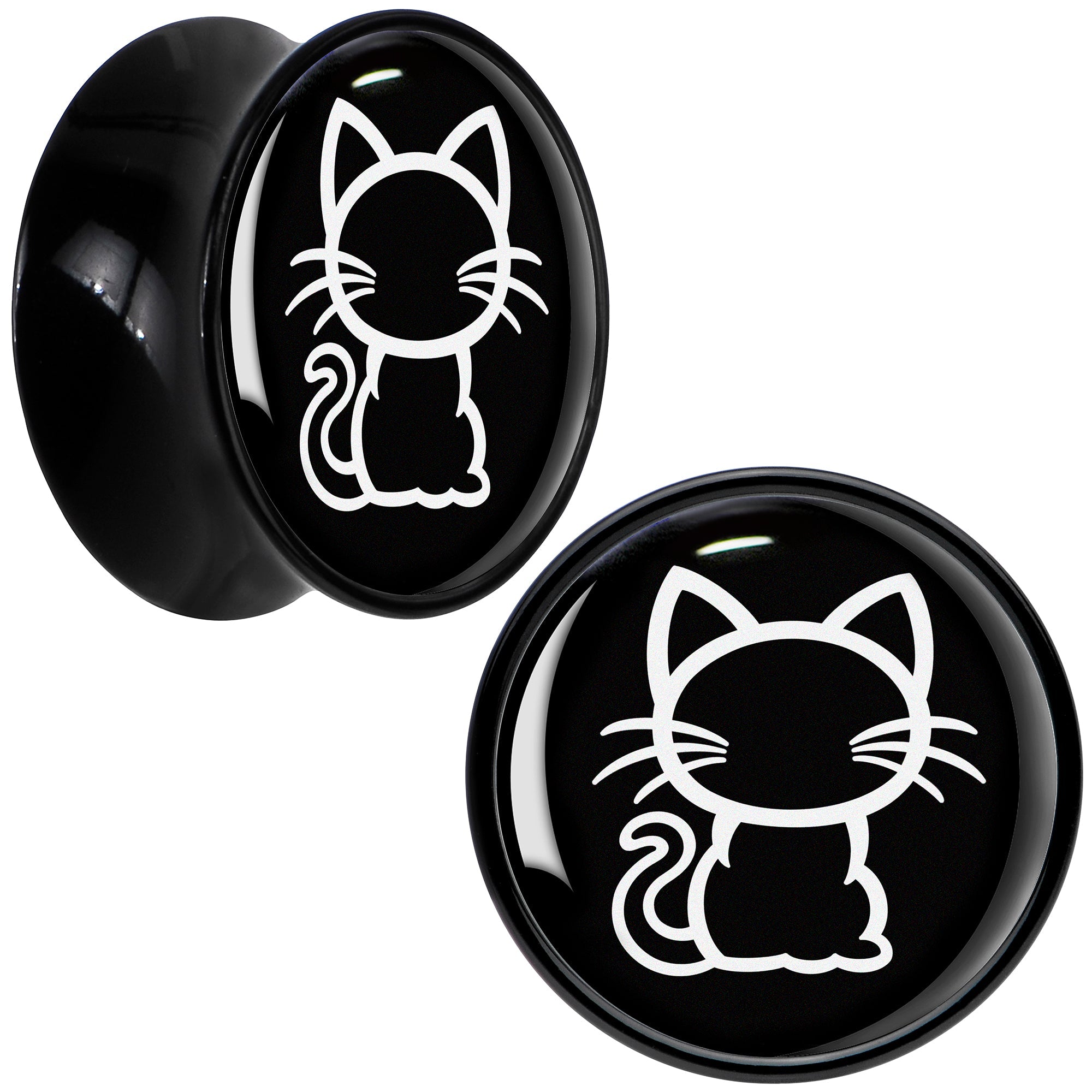 BodyCandy Black and White Kitty Cat Black Acrylic Saddle Plug Set 8mm to 20mm by Onyx O — comparison shot