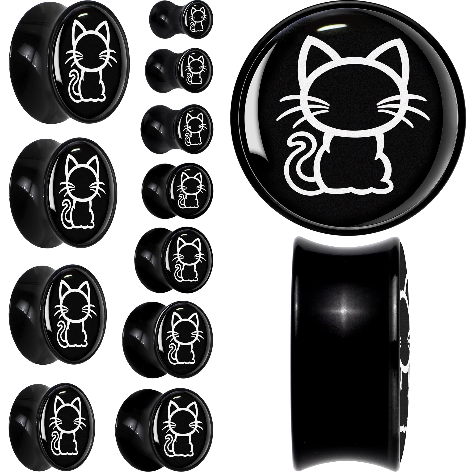 BodyCandy Black and White Kitty Cat Black Acrylic Saddle Plug Set 8mm to 20mm by Onyx O — main product shot