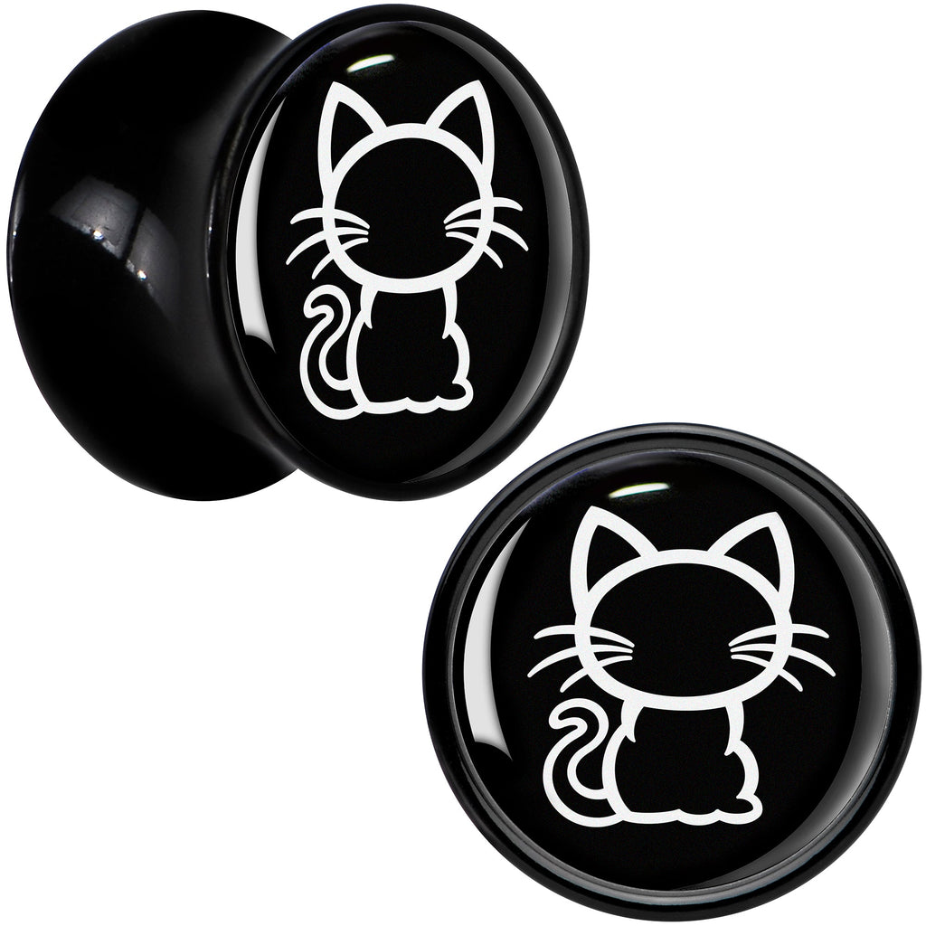 BodyCandy Black and White Kitty Cat Black Acrylic Saddle Plug Set 8mm to 20mm by Onyx O — detail close-up