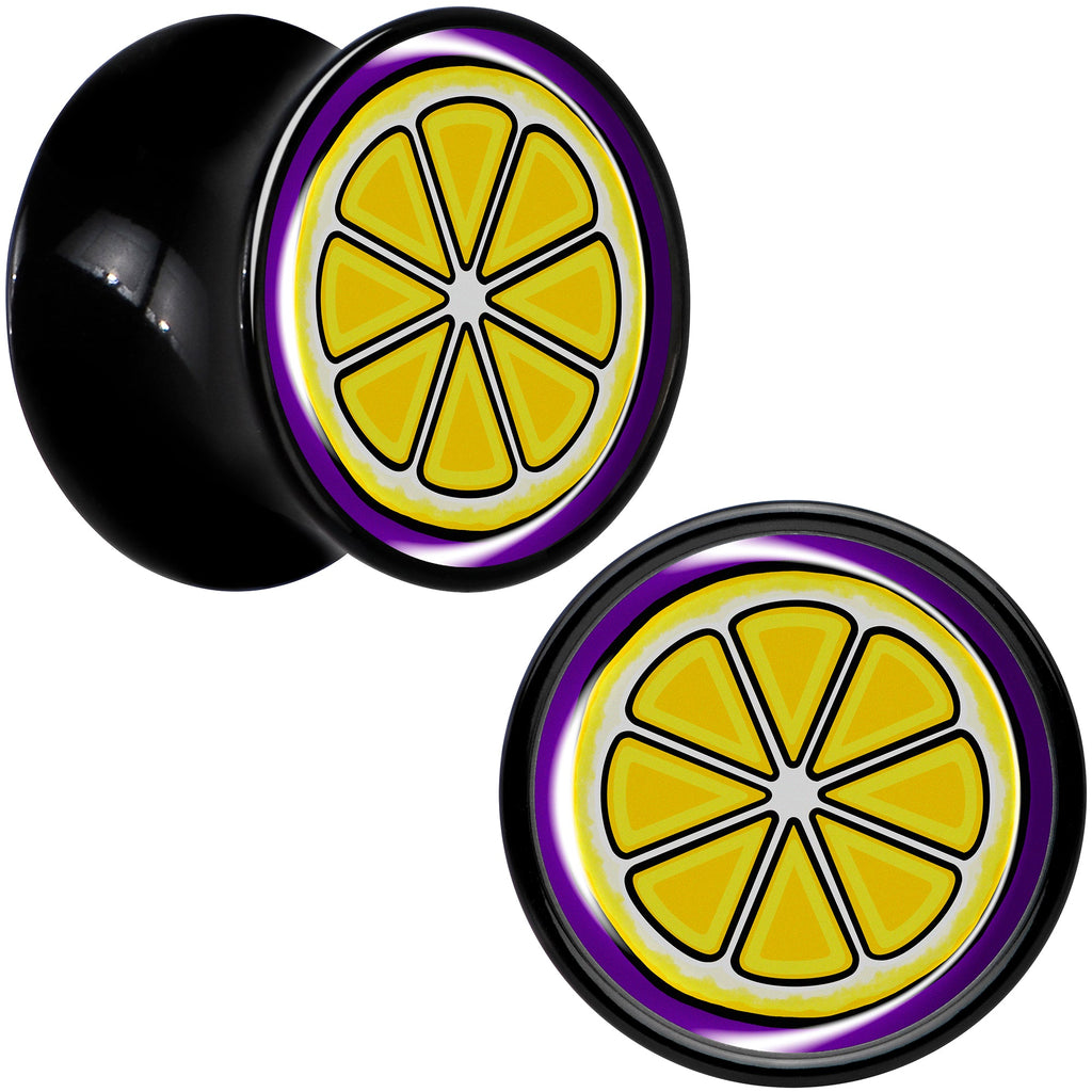 BodyCandy Yellow Slice of Lemon Black Acrylic Saddle Plug Set by Onyx O — in-use photo