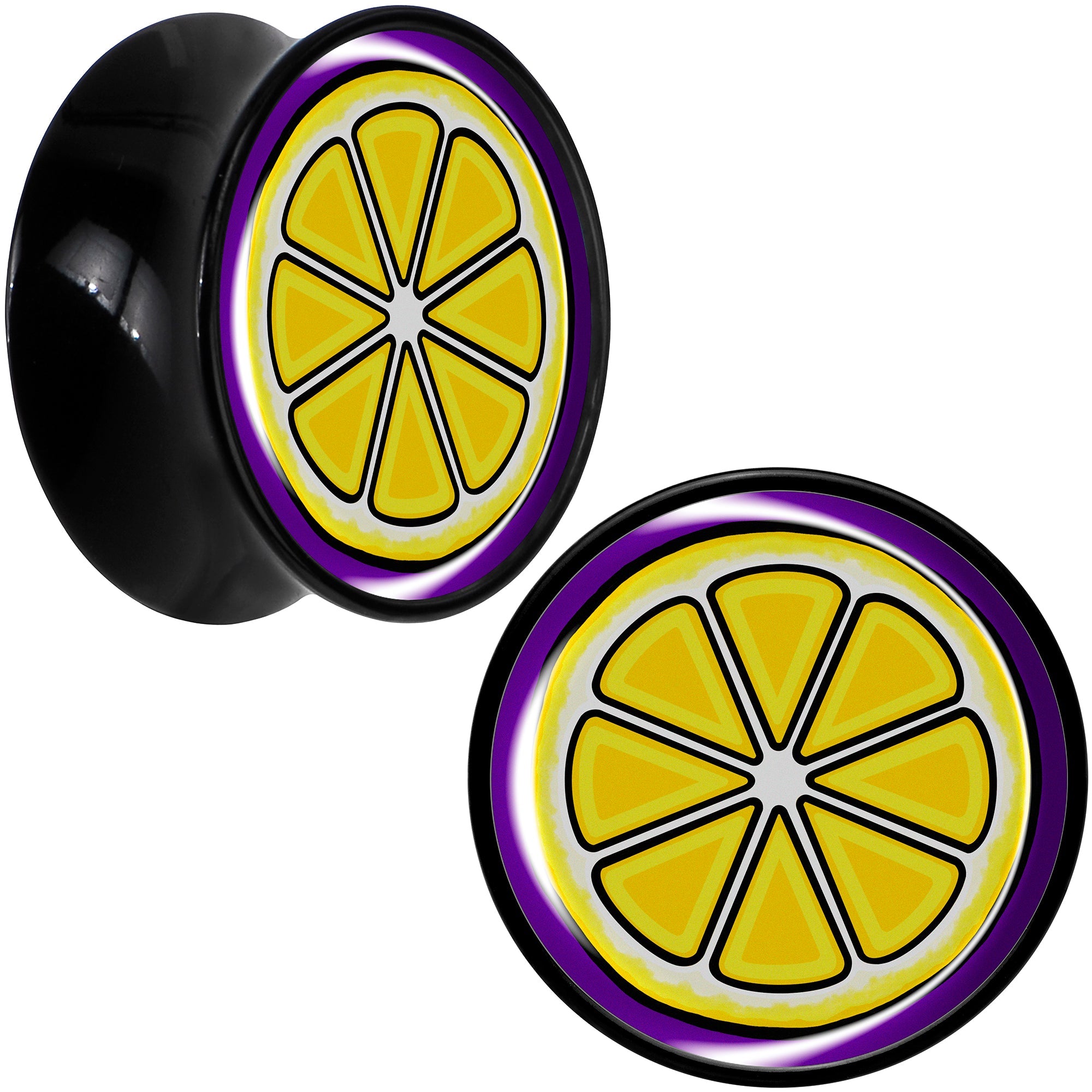BodyCandy Yellow Slice of Lemon Black Acrylic Saddle Plug Set by Onyx O — comparison shot