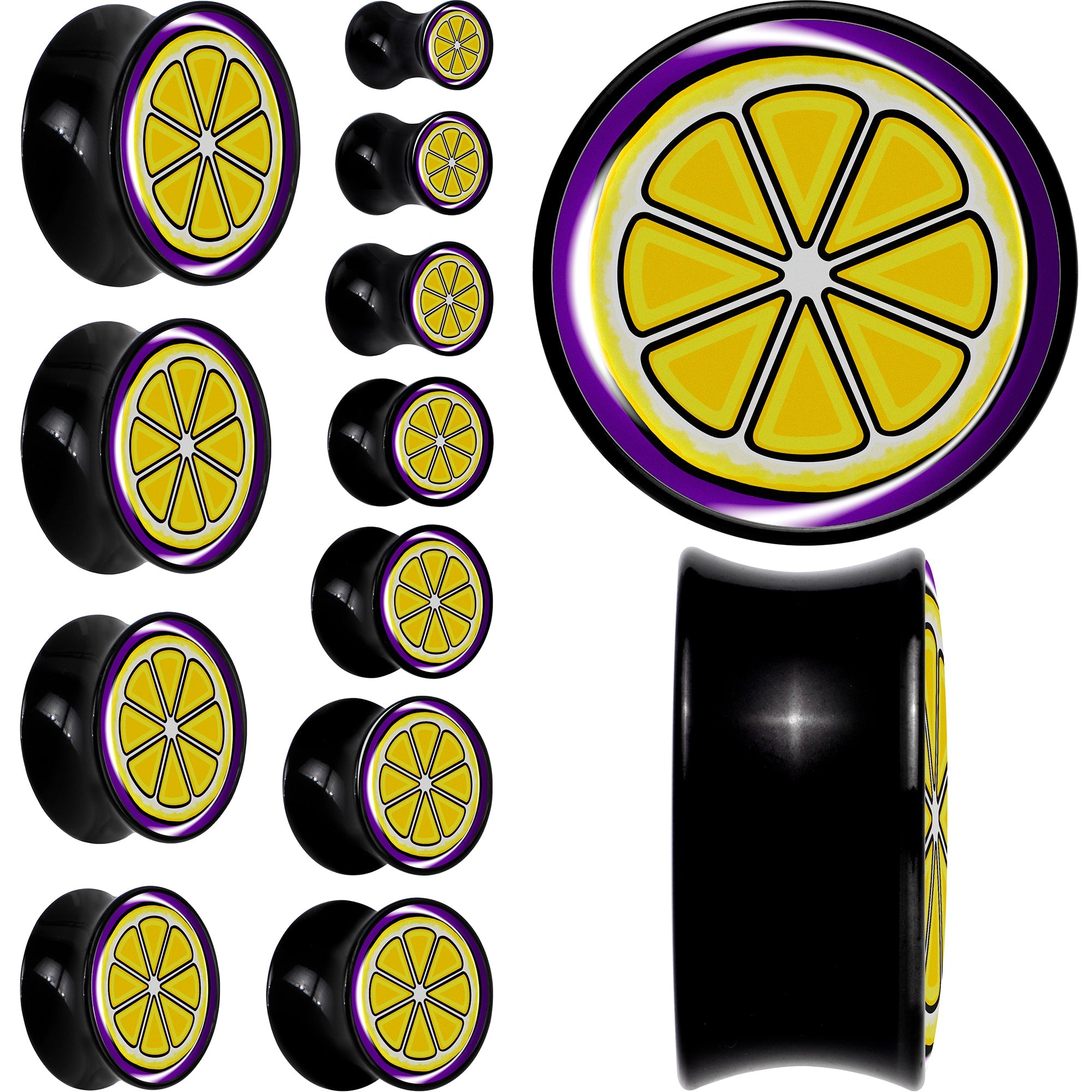 BodyCandy Yellow Slice of Lemon Black Acrylic Saddle Plug Set by Onyx O — main product shot