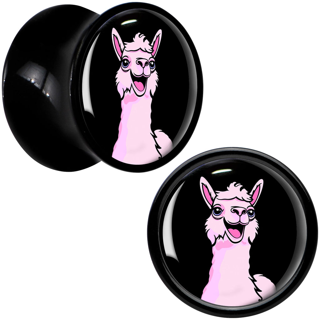 BodyCandy Pink Happy Llama Black Acrylic Saddle Plug Set 8mm to 20mm by Onyx O — in-use photo