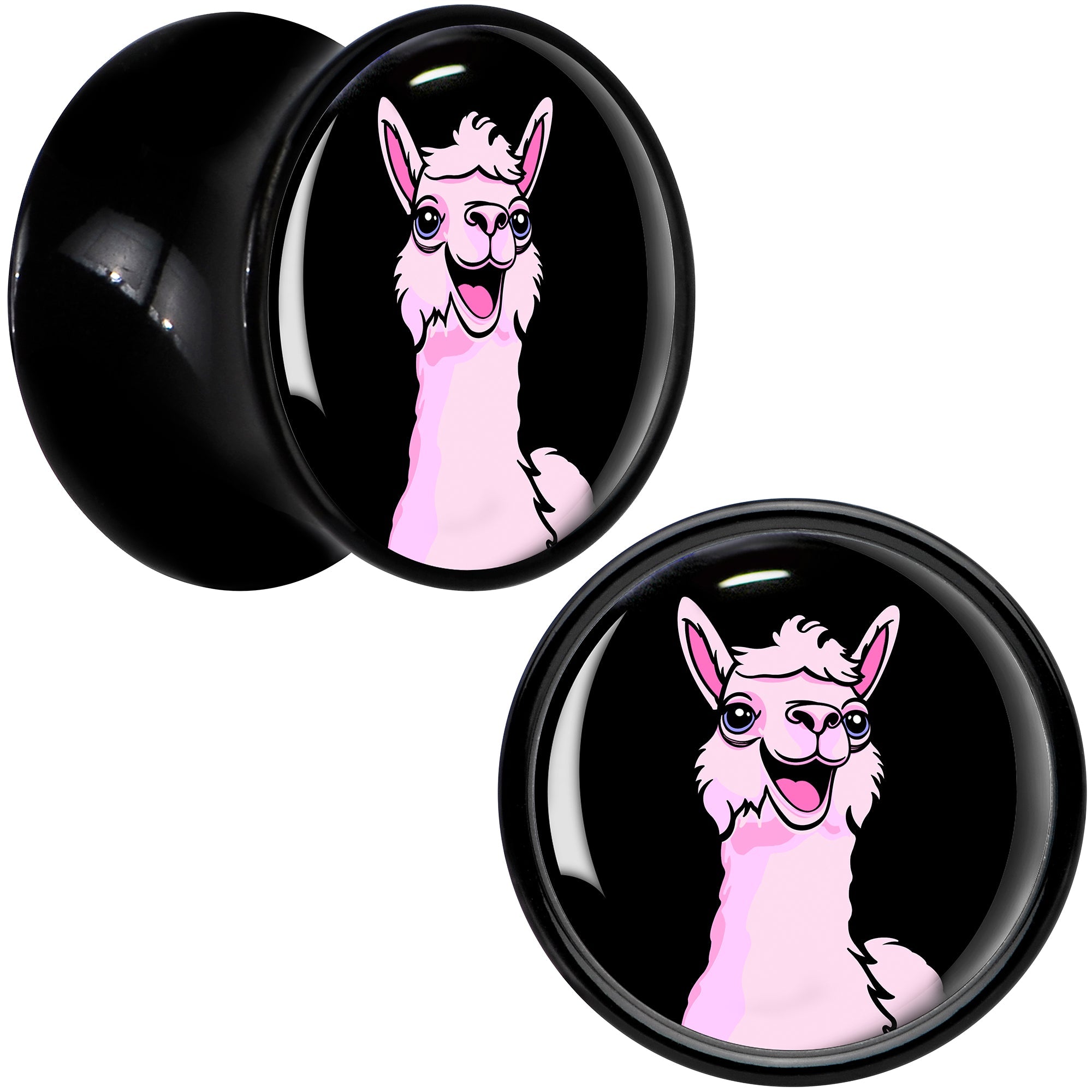 BodyCandy Pink Happy Llama Black Acrylic Saddle Plug Set 8mm to 20mm by Onyx O — color detail