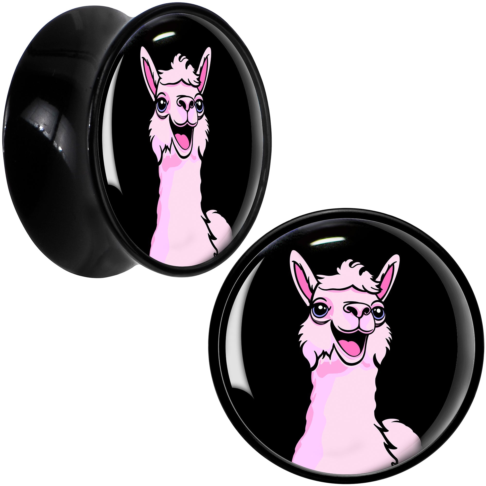 BodyCandy Pink Happy Llama Black Acrylic Saddle Plug Set 8mm to 20mm by Onyx O — fabric or material detail
