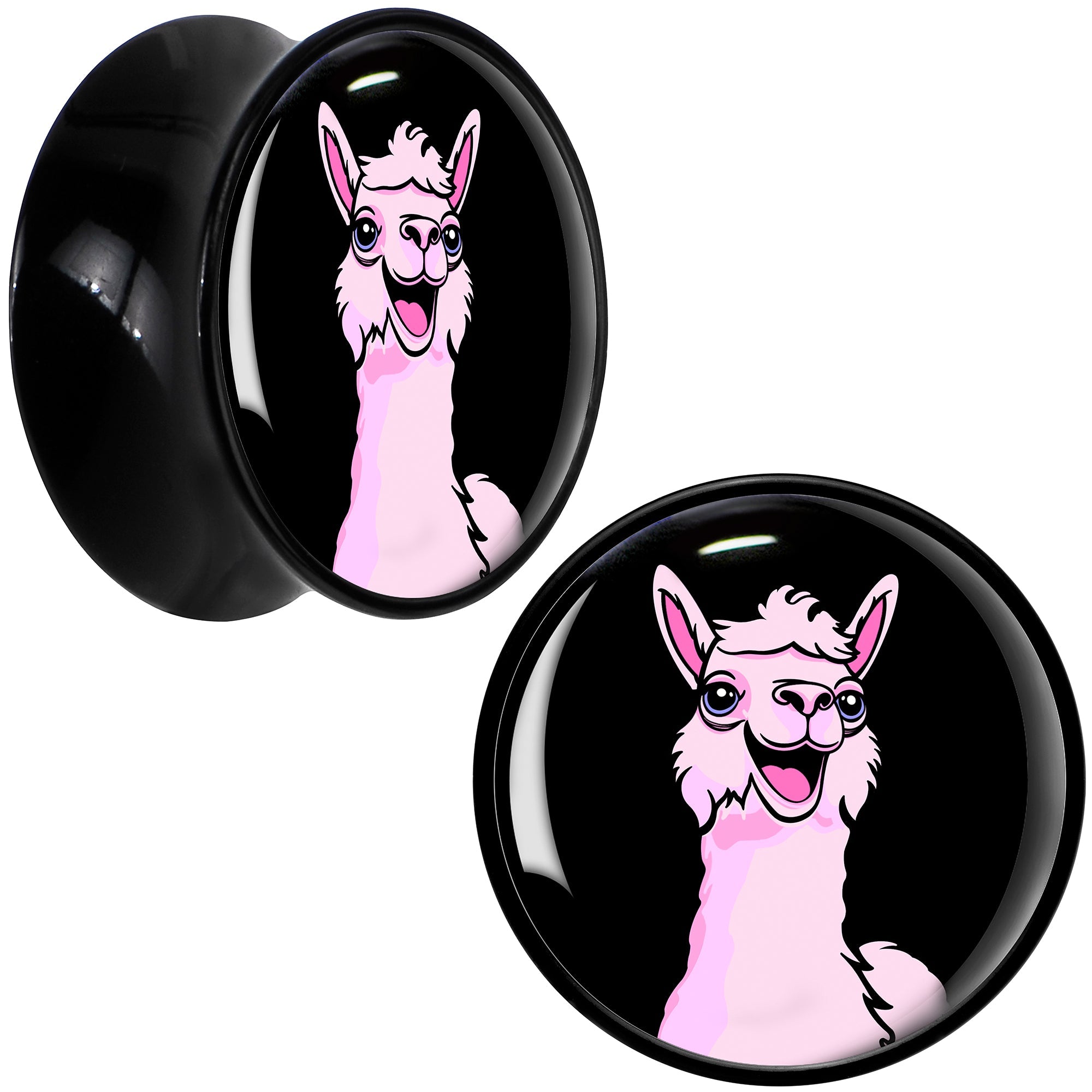 BodyCandy Pink Happy Llama Black Acrylic Saddle Plug Set 8mm to 20mm by Onyx O — feature highlight