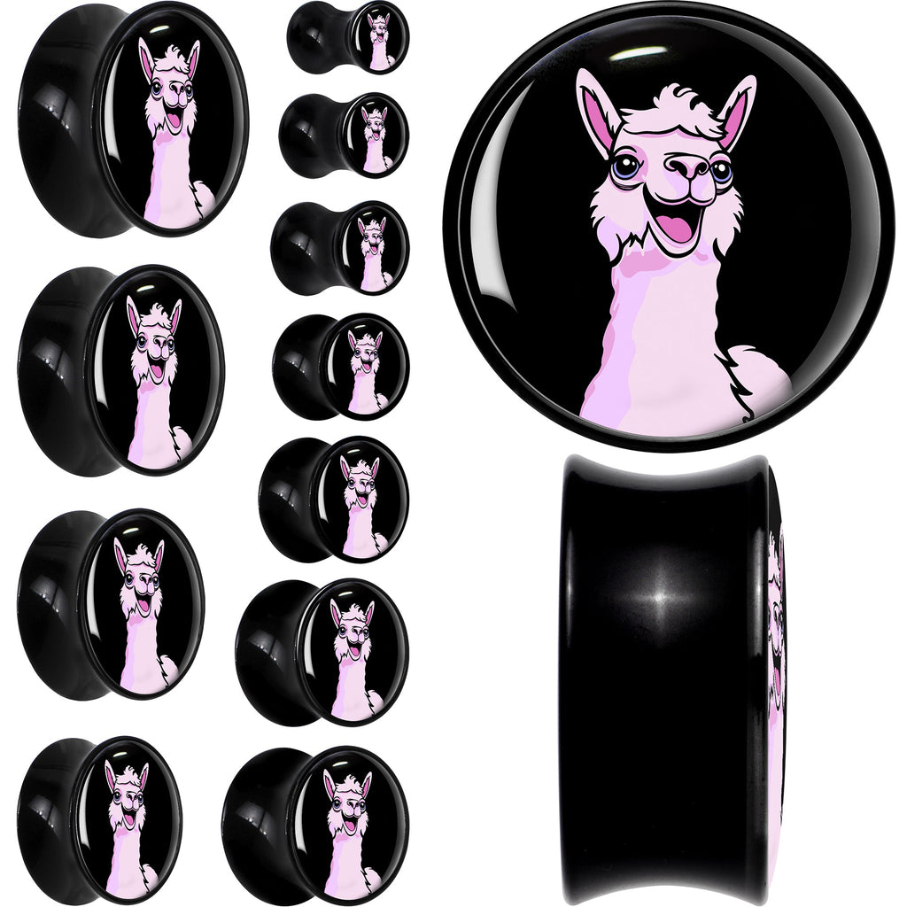 BodyCandy Pink Happy Llama Black Acrylic Saddle Plug Set 8mm to 20mm by Onyx O — main product shot