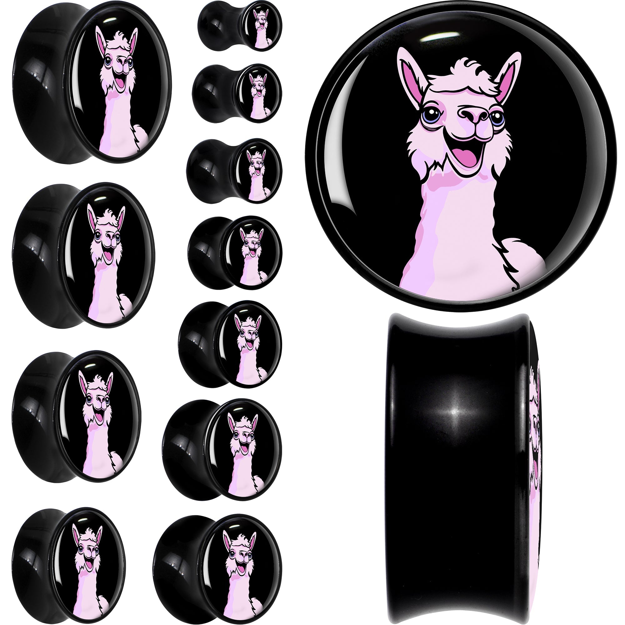 BodyCandy Pink Happy Llama Black Acrylic Saddle Plug Set 8mm to 20mm by Onyx O — main product shot