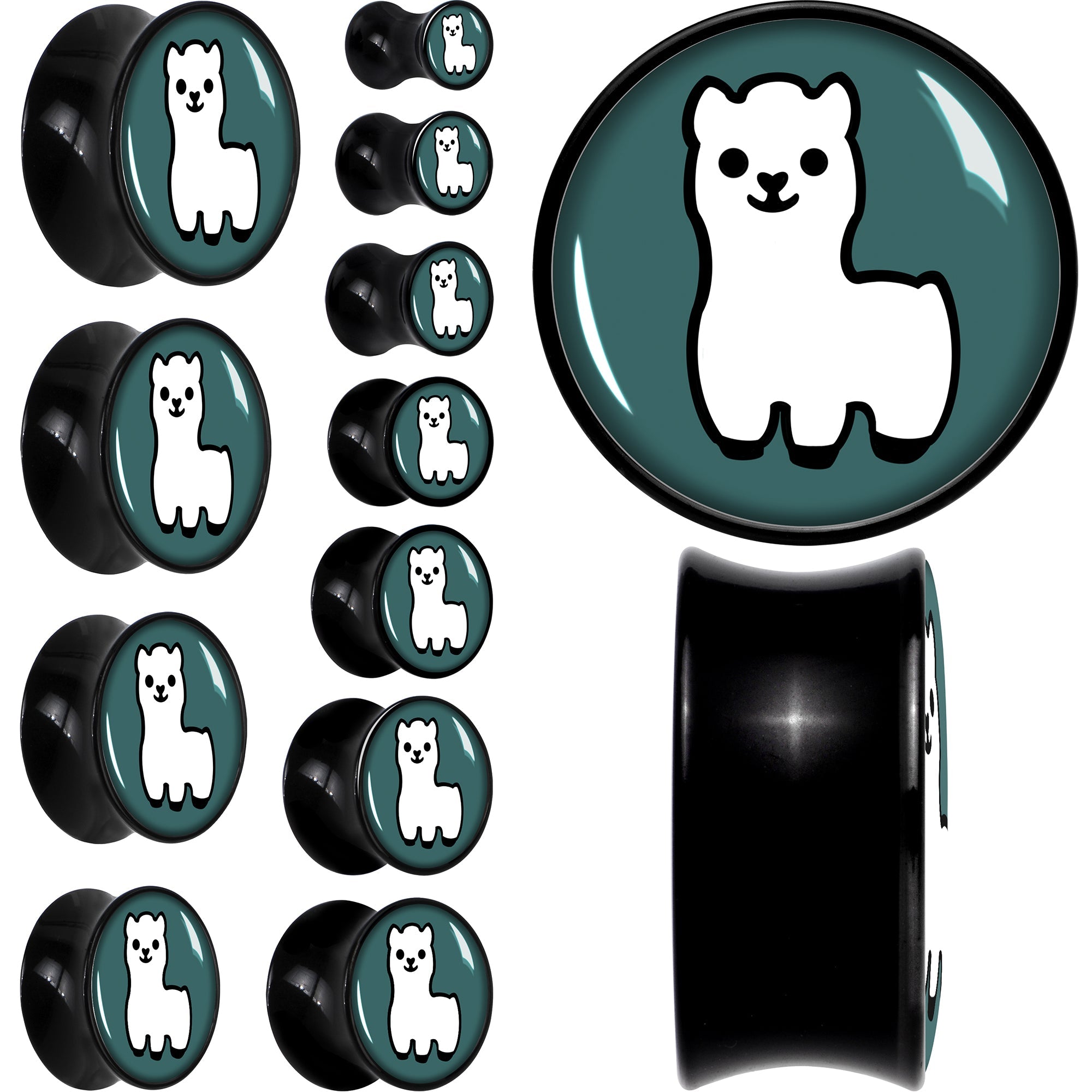 BodyCandy White Llama Black Acrylic Saddle Plug Set 8mm to 20mm by Onyx O — main product shot