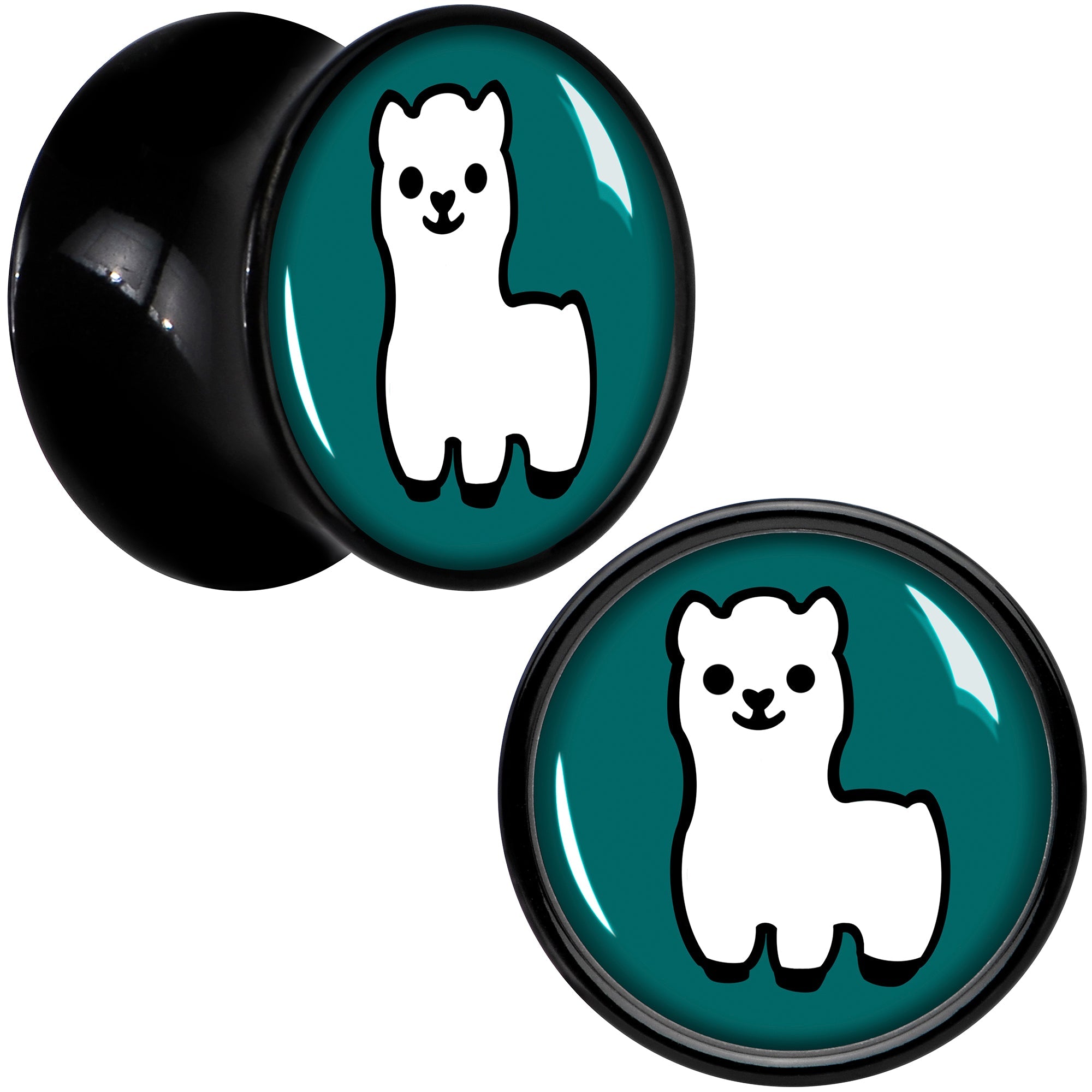 BodyCandy White Llama Black Acrylic Saddle Plug Set 8mm to 20mm by Onyx O — detail close-up