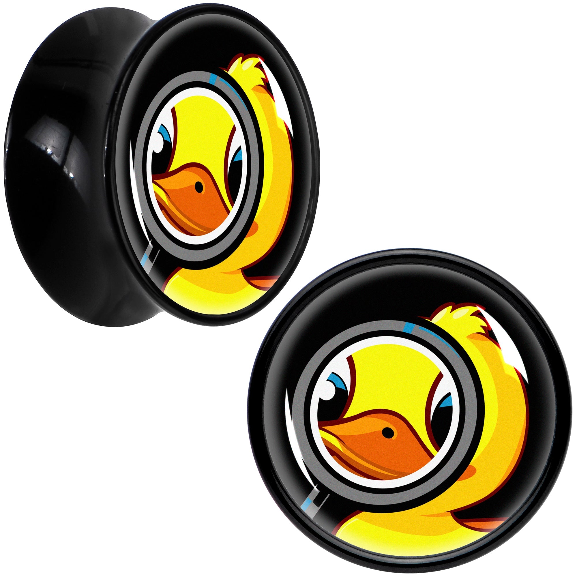 BodyCandy Magnified Yellow Duck Black Acrylic Saddle Plug Set 8mm to 20mm by Onyx O — packaging