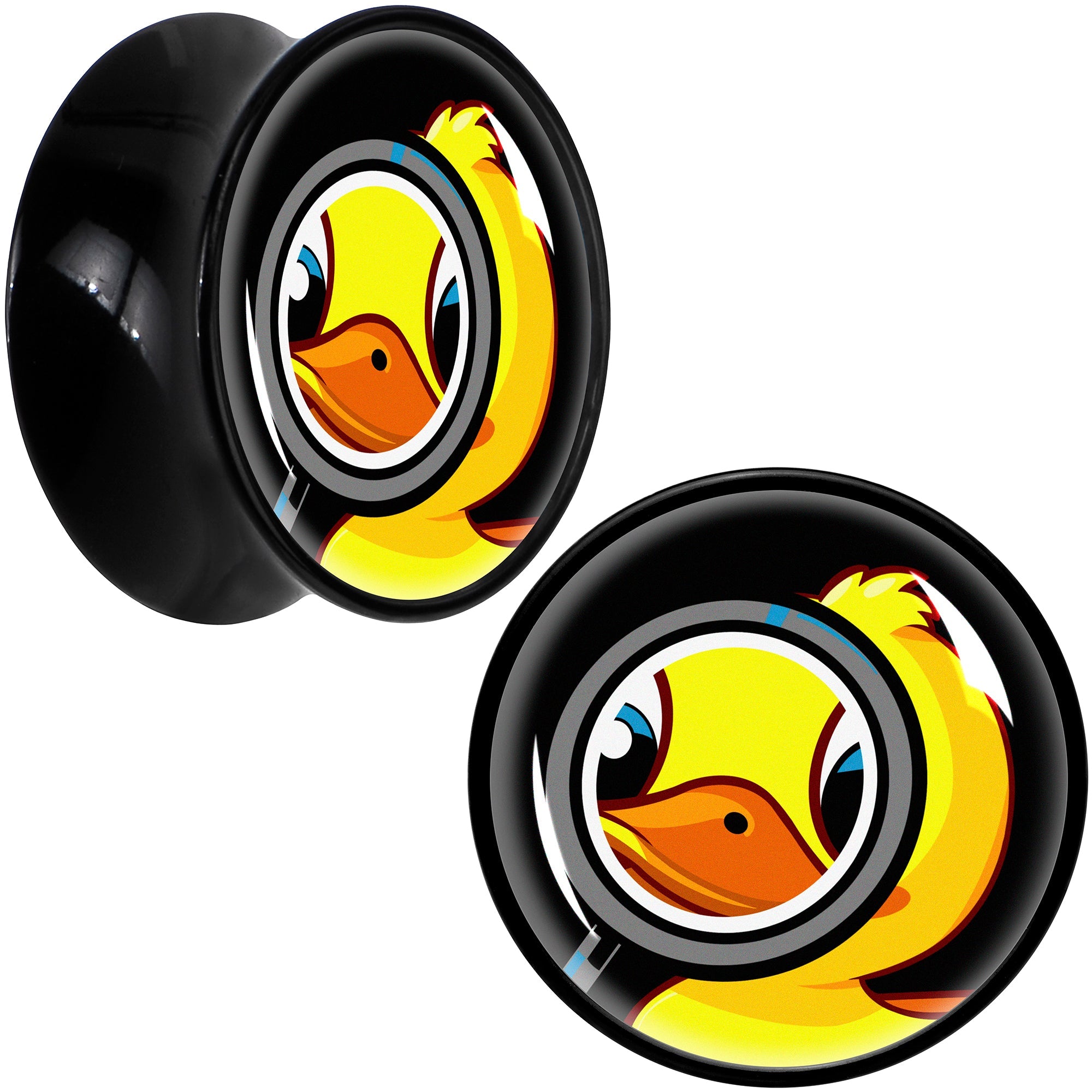 BodyCandy Magnified Yellow Duck Black Acrylic Saddle Plug Set 8mm to 20mm by Onyx O — fabric or material detail
