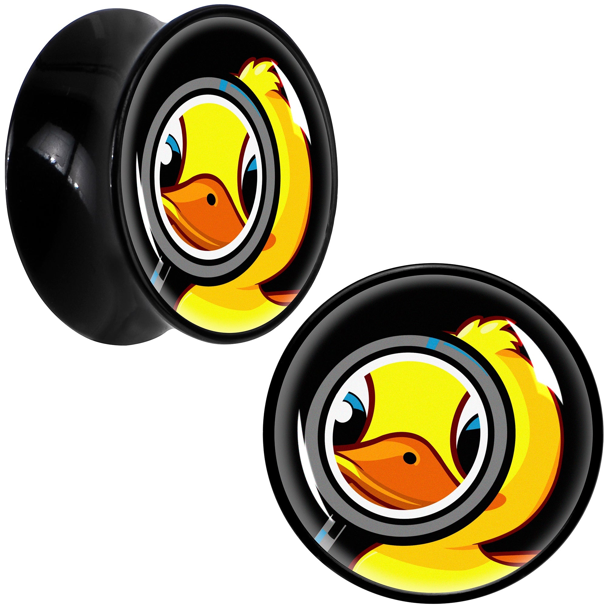 BodyCandy Magnified Yellow Duck Black Acrylic Saddle Plug Set 8mm to 20mm by Onyx O — feature highlight