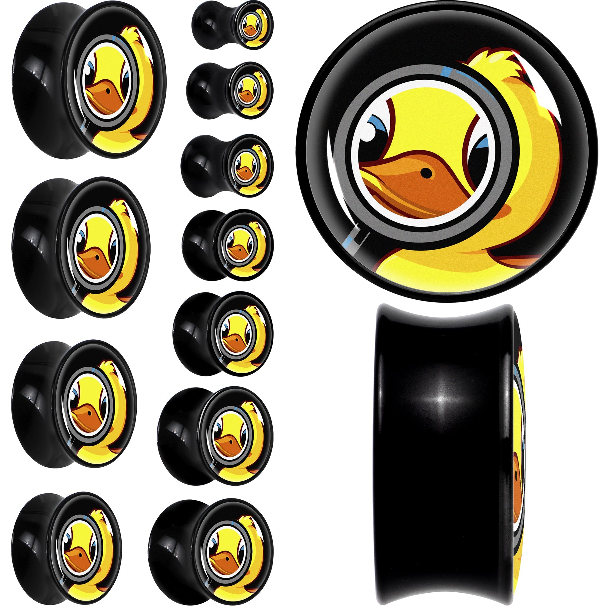 BodyCandy Magnified Yellow Duck Black Acrylic Saddle Plug Set 8mm to 20mm by Onyx O — main product shot