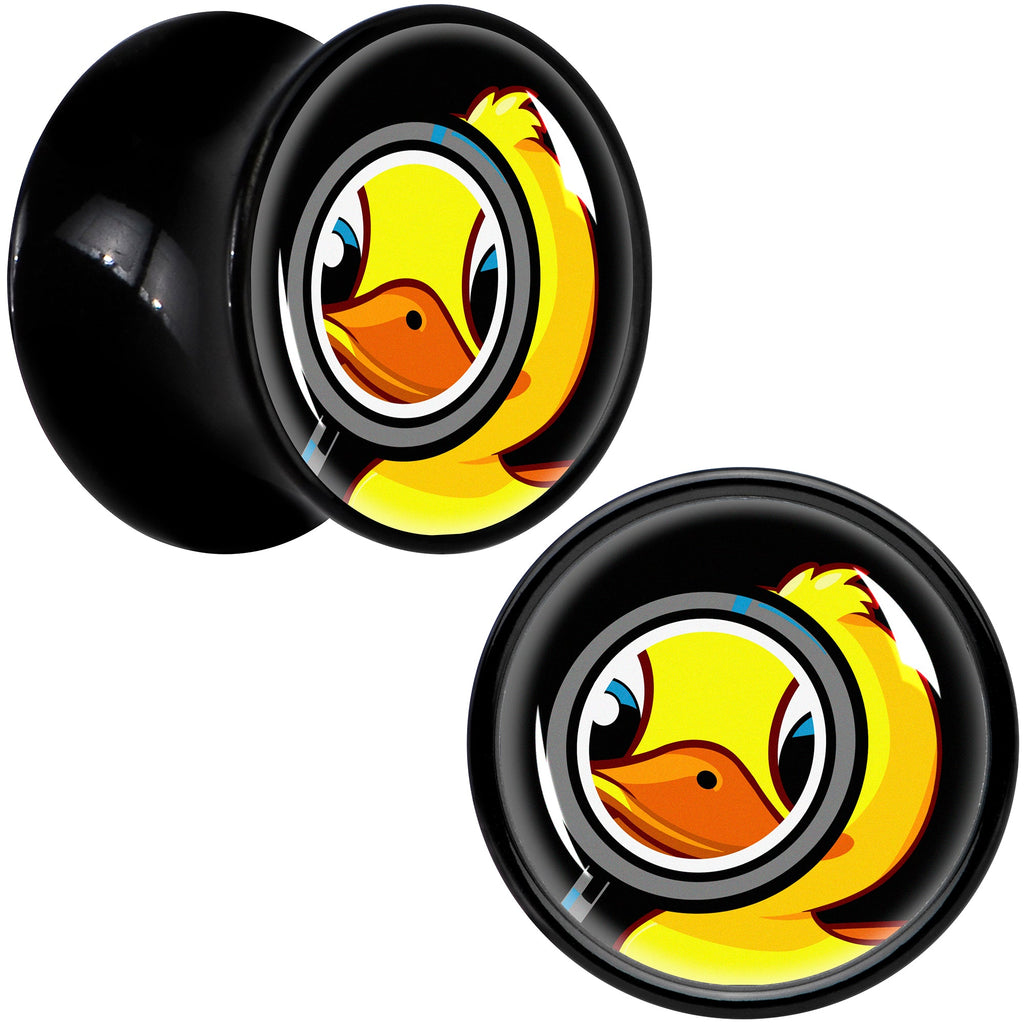 BodyCandy Magnified Yellow Duck Black Acrylic Saddle Plug Set 8mm to 20mm by Onyx O — detail close-up