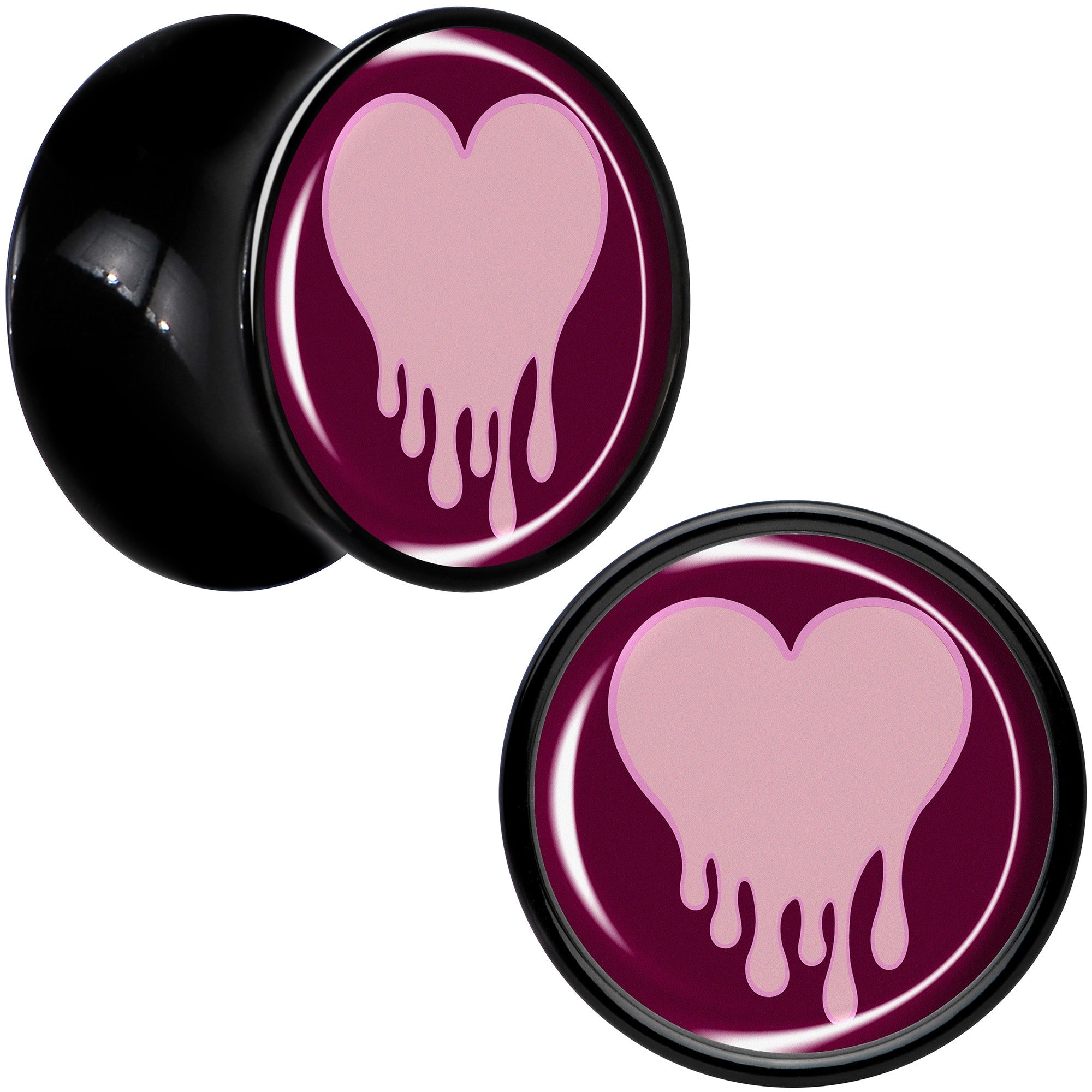 BodyCandy Pinkish Melting Heart Black Acrylic Saddle Plug Set by Onyx O — detail close-up