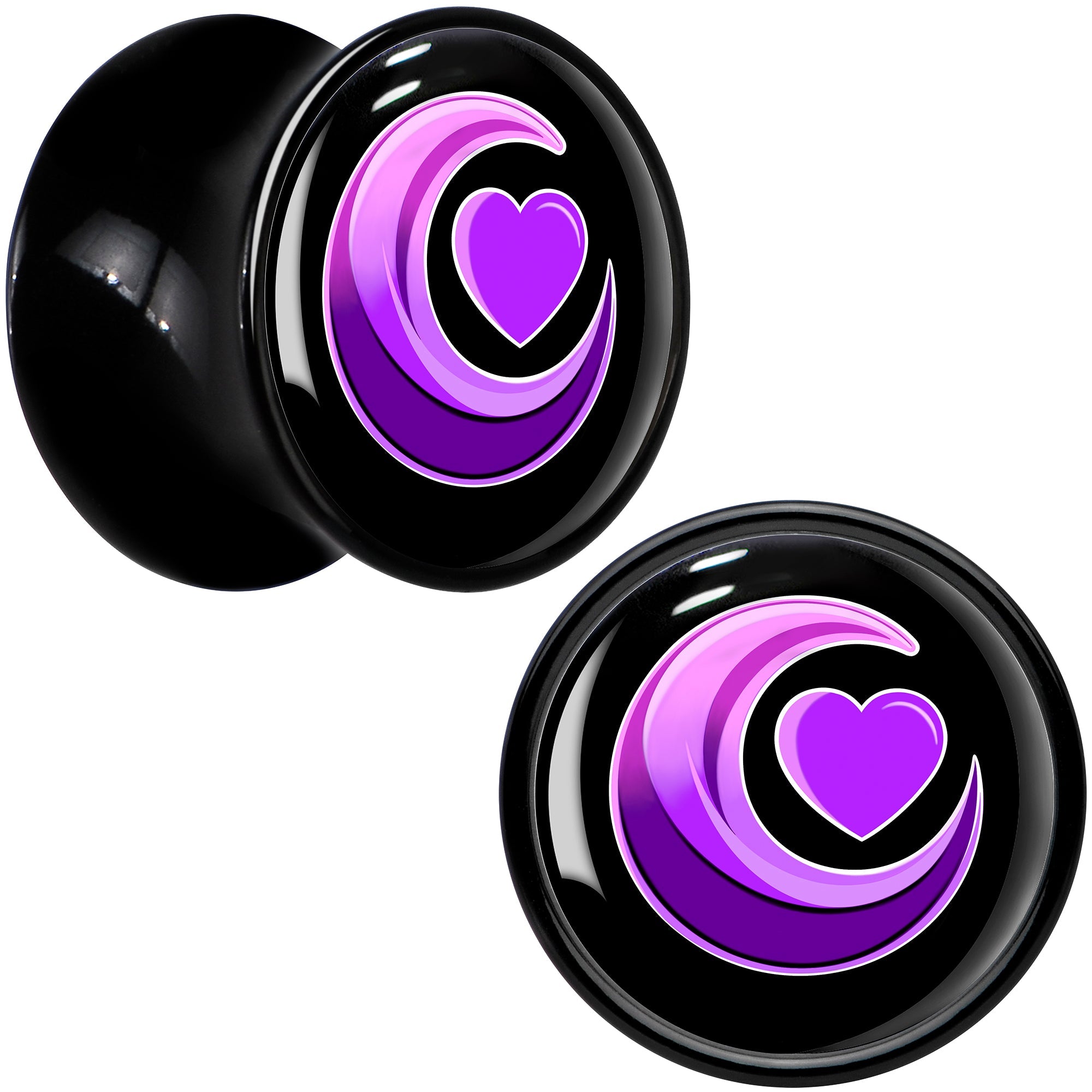 BodyCandy 0G Crescent Moon Heart Black Acrylic Saddle Plug Set by Onyx O — detail close-up