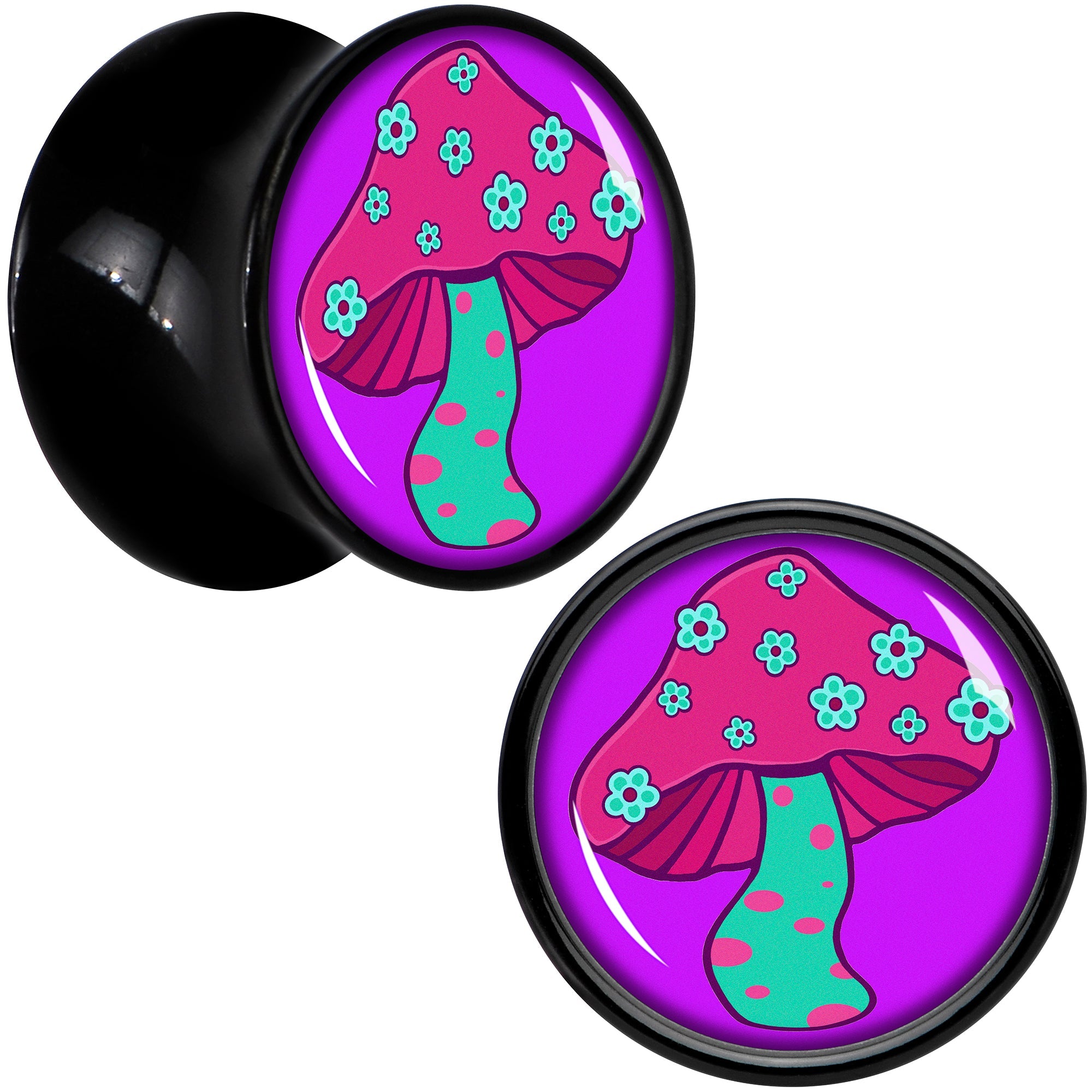 BodyCandy Black Acrylic Funky Floral Mushroom Double Flare Plug Set by Onyx O — size reference