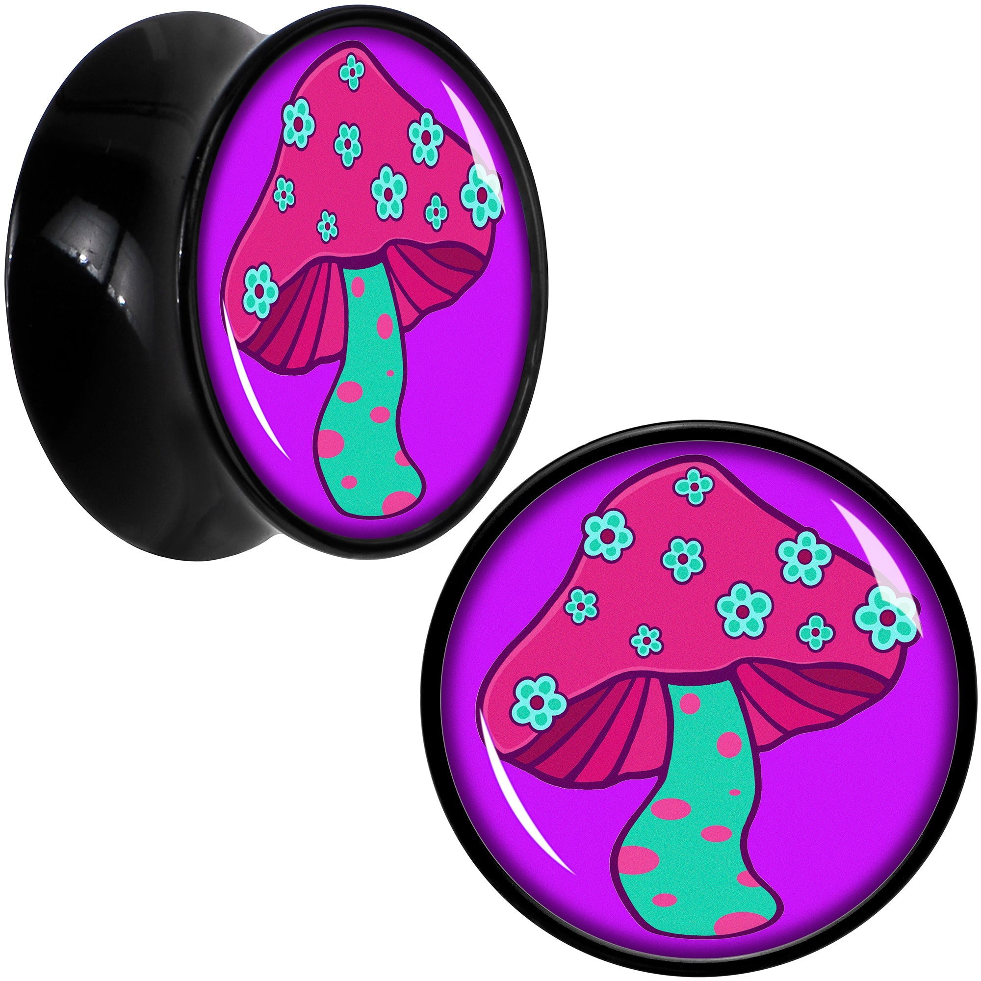 BodyCandy Black Acrylic Funky Floral Mushroom Double Flare Plug Set by Onyx O — comparison shot