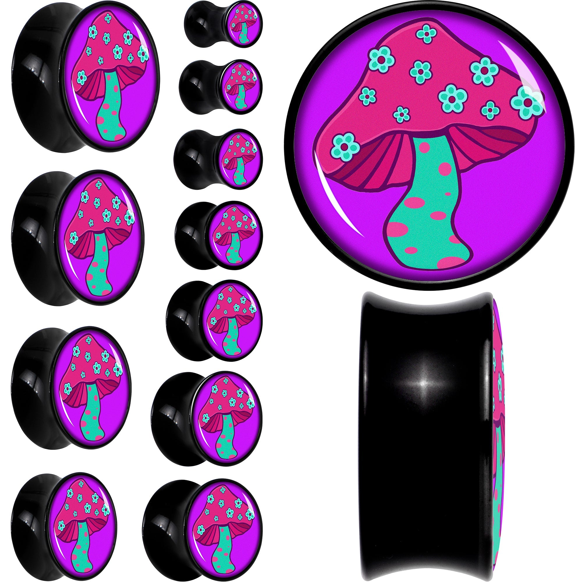 BodyCandy Black Acrylic Funky Floral Mushroom Double Flare Plug Set by Onyx O — main product shot