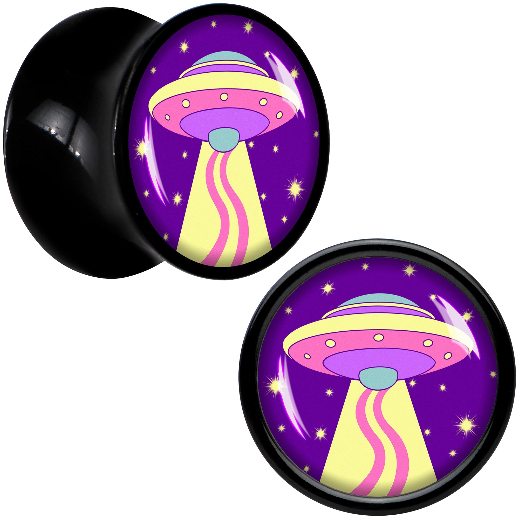 BodyCandy Style Space Invasion UFO Black Acrylic Saddle Plug Set by Onyx O — side view
