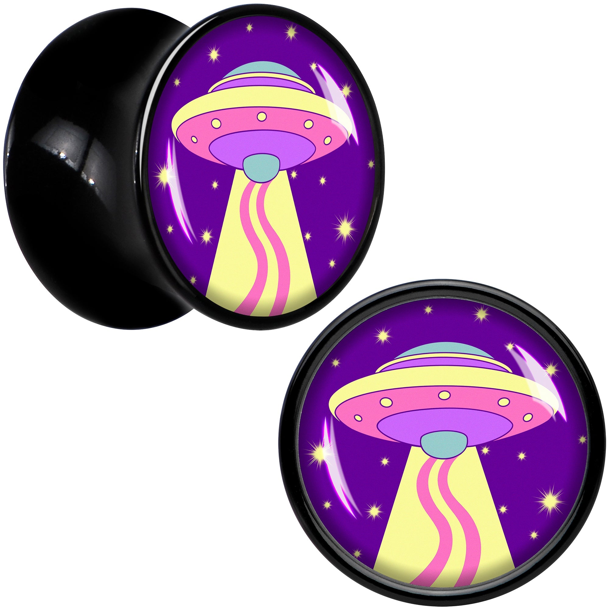 BodyCandy Style Space Invasion UFO Black Acrylic Saddle Plug Set by Onyx O — back view
