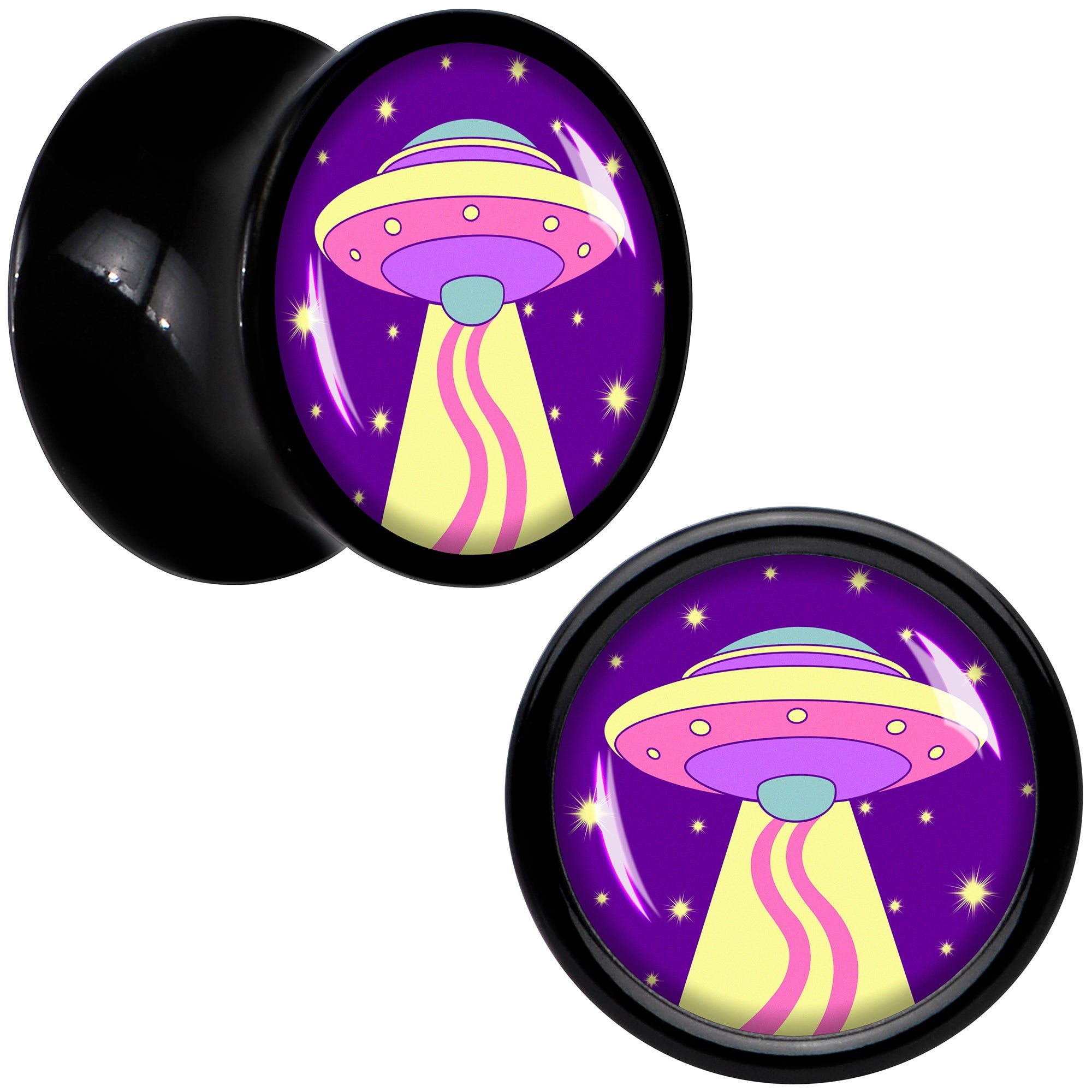 BodyCandy Style Space Invasion UFO Black Acrylic Saddle Plug Set by Onyx O — lifestyle context